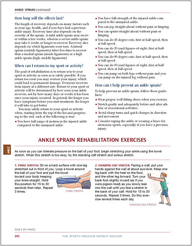 Page from a sports medicine guide detailing ankle sprain recovery and exercises. It includes information on recovery duration, returning to sports, preventing sprains, and rehabilitation exercises like towel stretch and standing calf stretch. Illustr