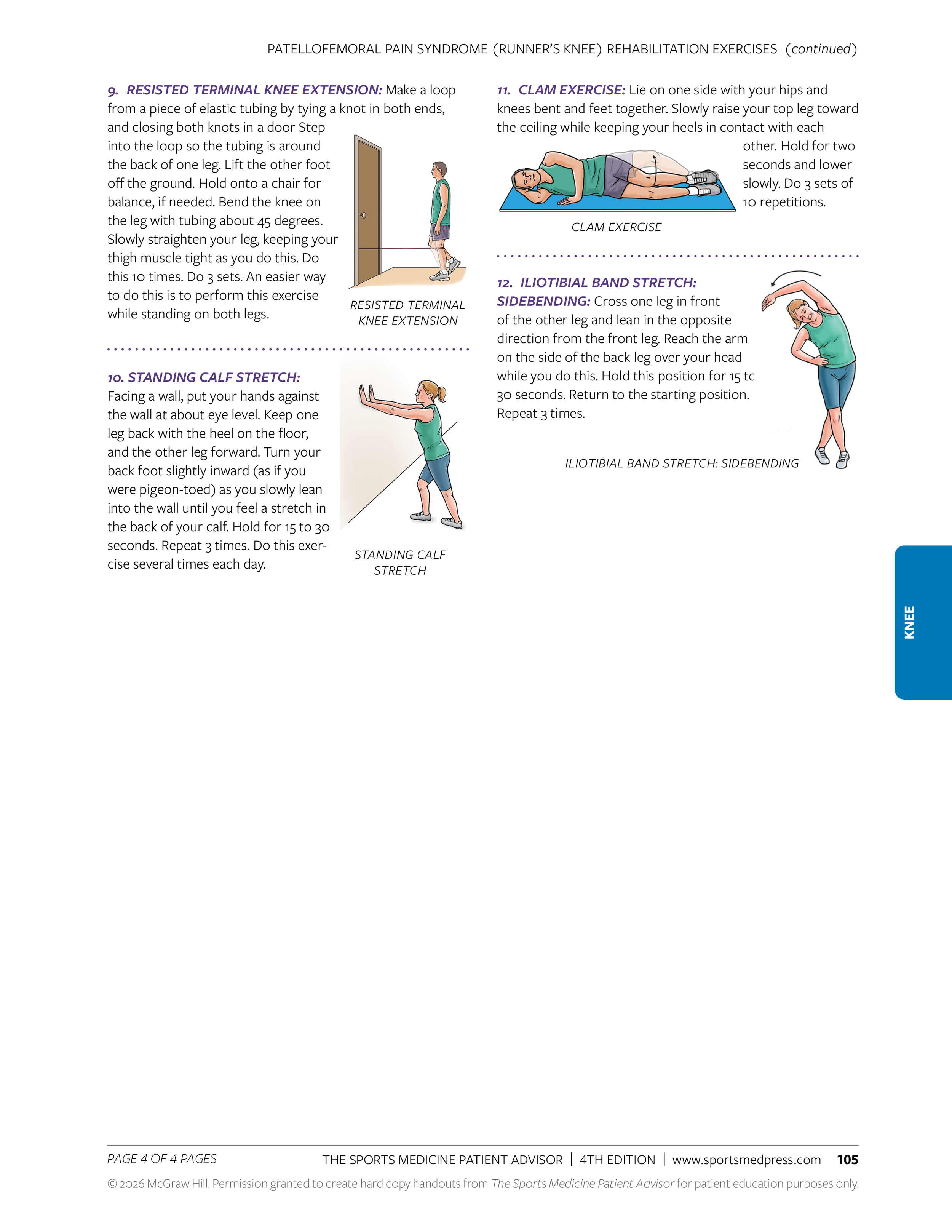 Page from a sports medicine guide displaying exercises for patellofemoral pain syndrome (runner's knee). Contains illustrations and instructions for resisted terminal knee extension, standing calf stretch, clam exercise, and iliotibial band stretch w