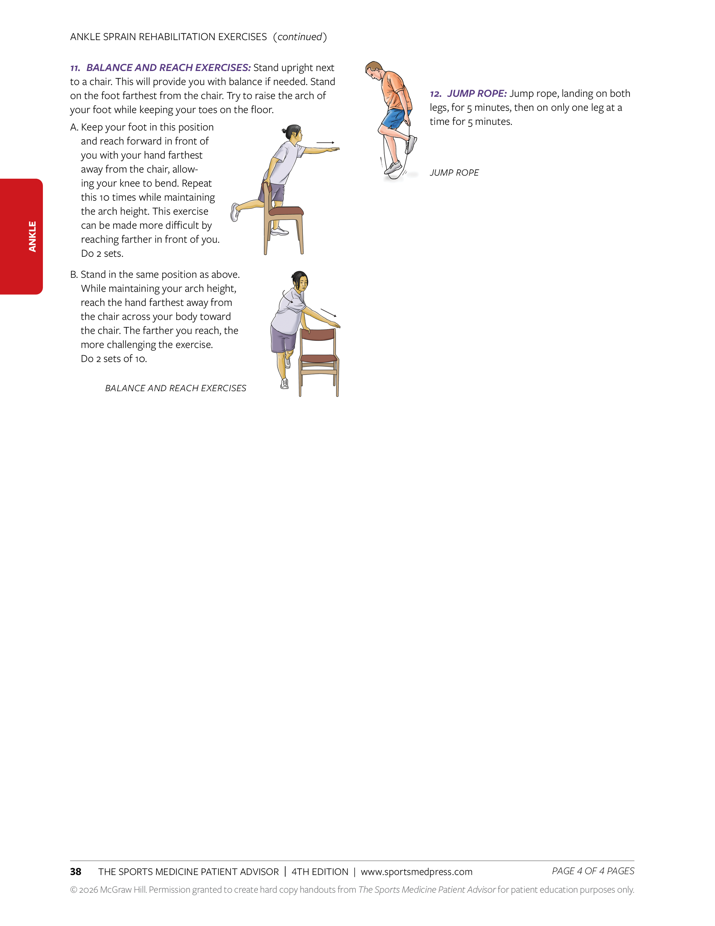 Page from a sports medicine book showing ankle rehabilitation exercises. Includes illustrations of two people doing balance and reach exercises from a chair and on the floor, and a jump rope exercise.