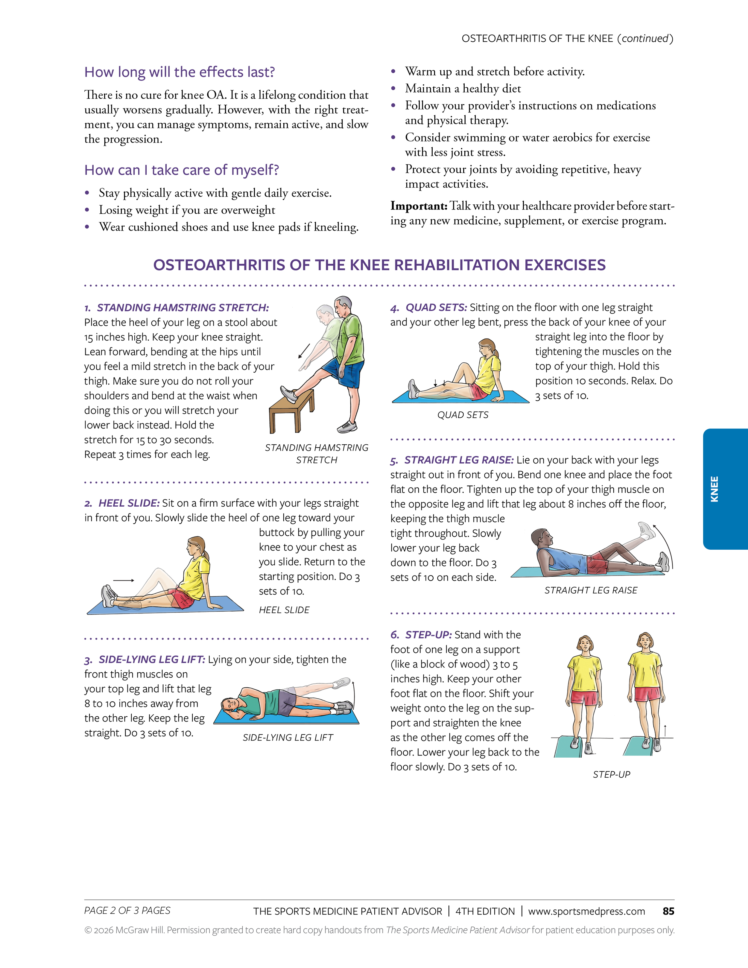 Page from a booklet with exercises for osteoarthritis of the knee rehabilitation. Contains illustrated demonstrations of six different exercises: standing hamstring stretch, heel slide, side-lying leg lift, quad sets, straight leg raise, and step-up.