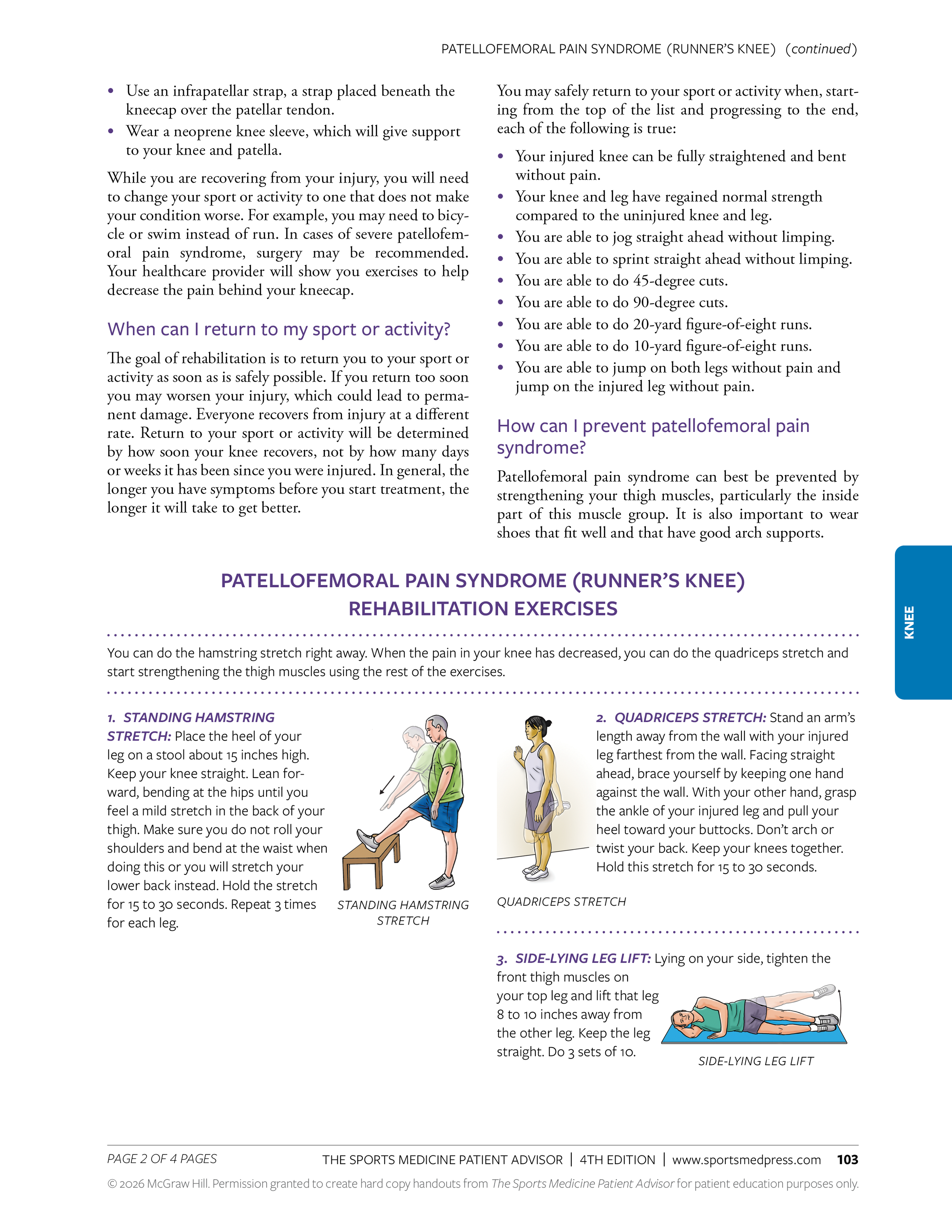 Page from a medical guide on rehabilitation exercises for patellofemoral pain syndrome, including images showing hamstring stretch, quadriceps stretch, and side-lying leg lift exercises.