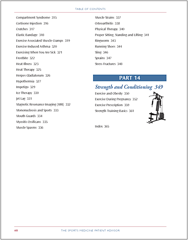 Table of contents from 'The Sports Medicine Patient Advisor' listing topics like compartment syndrome, exercise, MRI, and strength training.