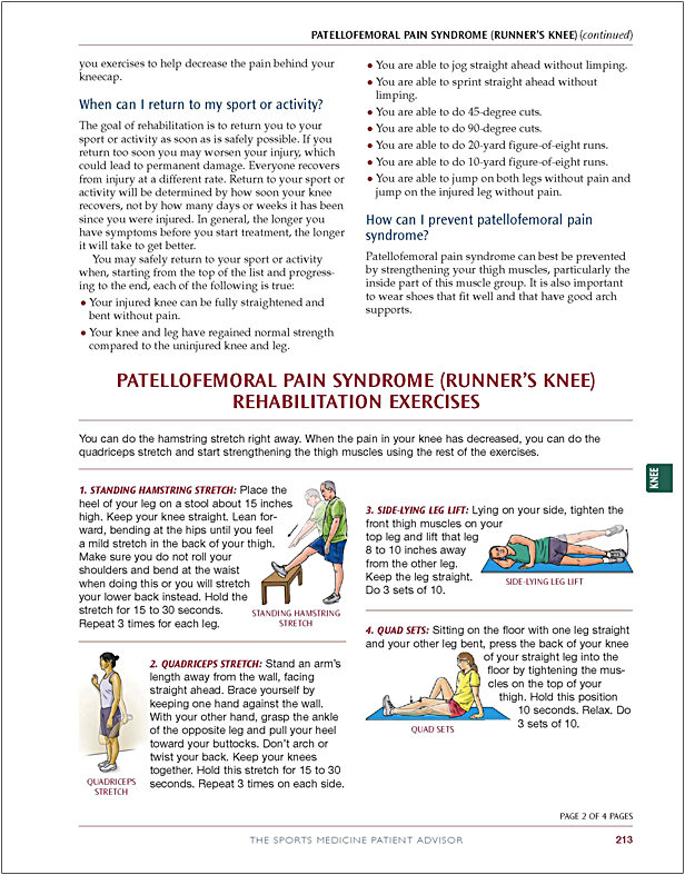 A page from "The Sports Medicine Patient Advisor" focused on patellofemoral pain syndrome rehabilitation exercises. It includes text about returning to sports and preventing patellofemoral pain, and illustrated exercises such as standing hamstring st