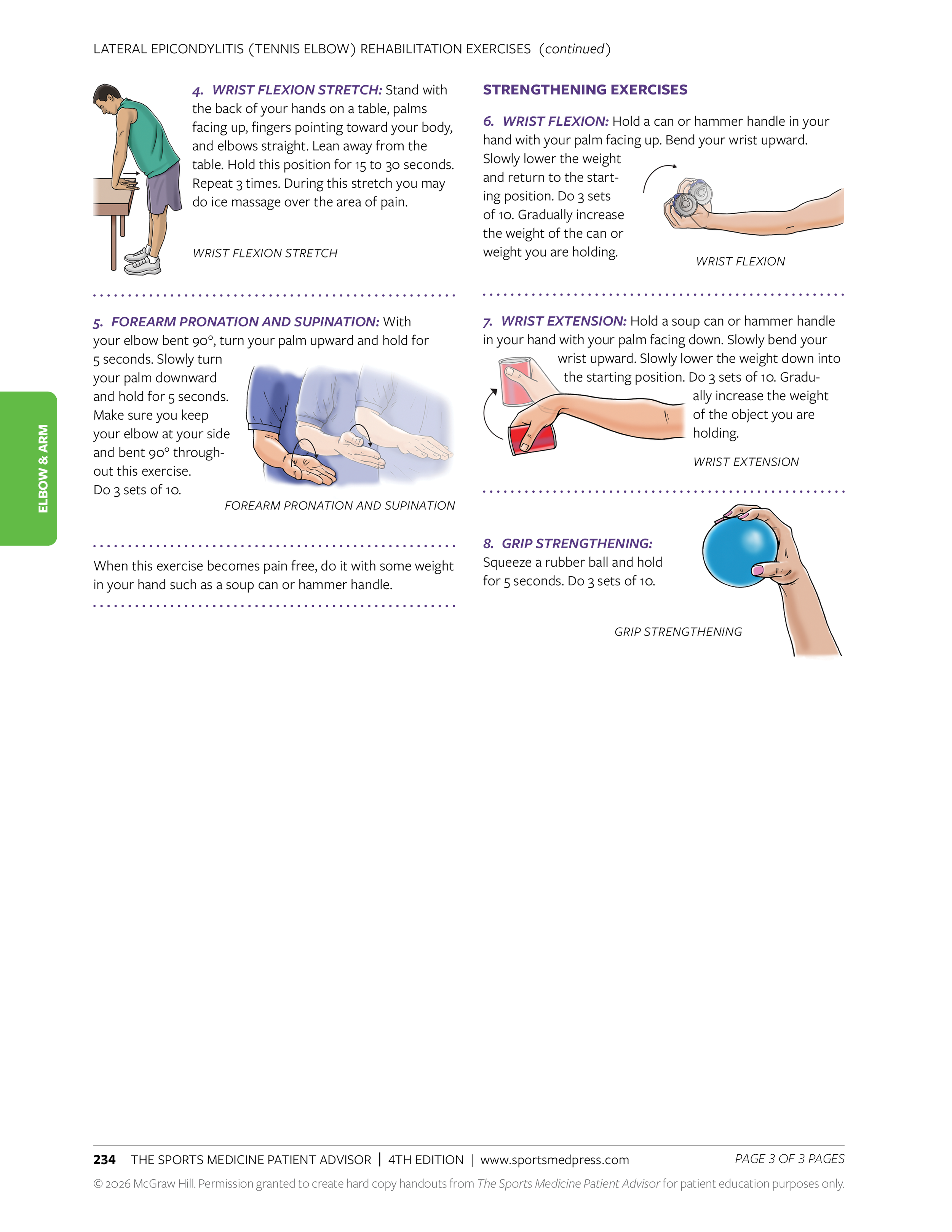 Illustrations of exercises for lateral epicondylitis rehabilitation, including wrist flexion stretch, forearm pronation and supination, wrist flexion and extension with weights, and grip strengthening with a rubber ball.