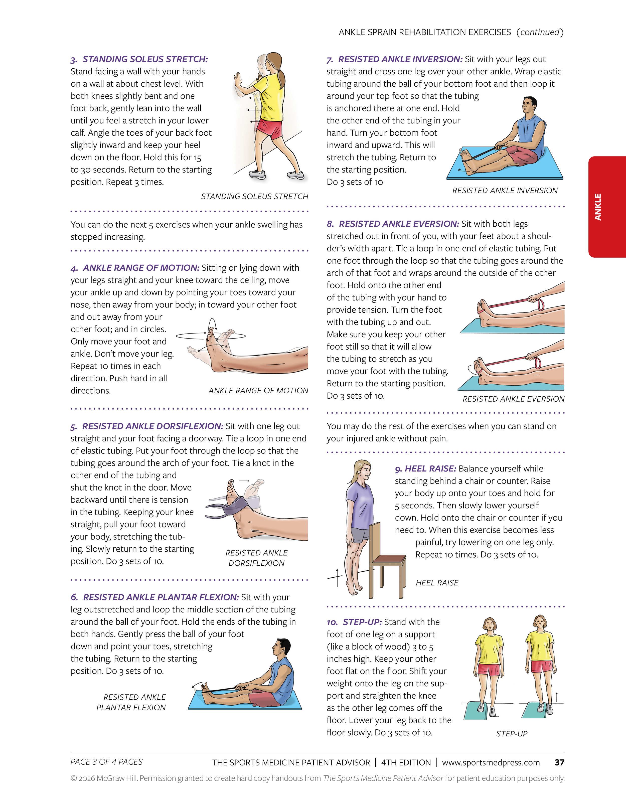Illustrations of ankle rehabilitation exercises, including standing soleus stretch, resisted ankle inversion, ankle range of motion, resisted ankle dorsiflexion, resisted ankle plantar flexion, resisted ankle eversion, heel raise, and step-up, with a