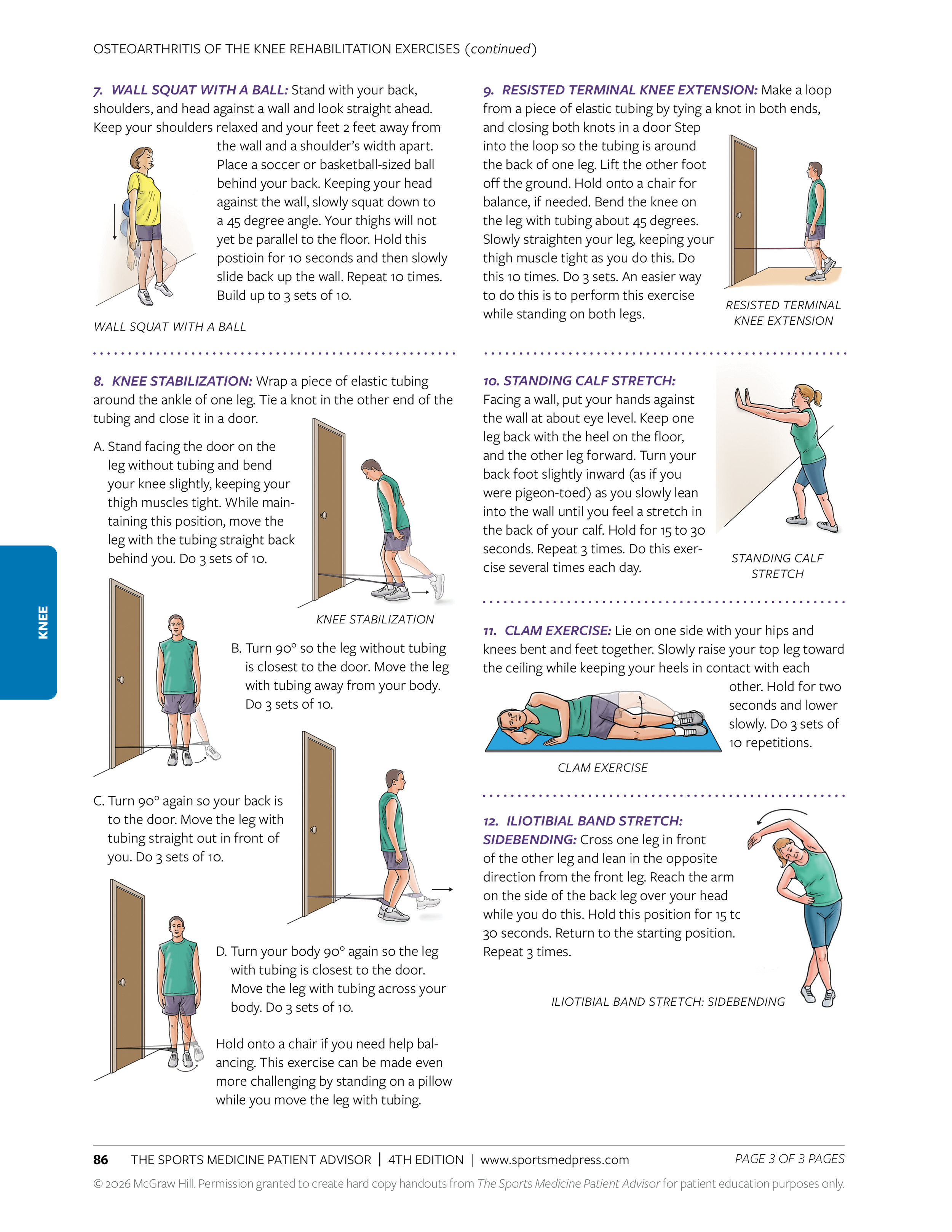 Instructions and illustrations for knee rehabilitation exercises, including wall squat with a ball, knee stabilization, resisted terminal knee extension, standing calf stretch, clam exercise, and iliotibial band stretch, with step-by-step guidance