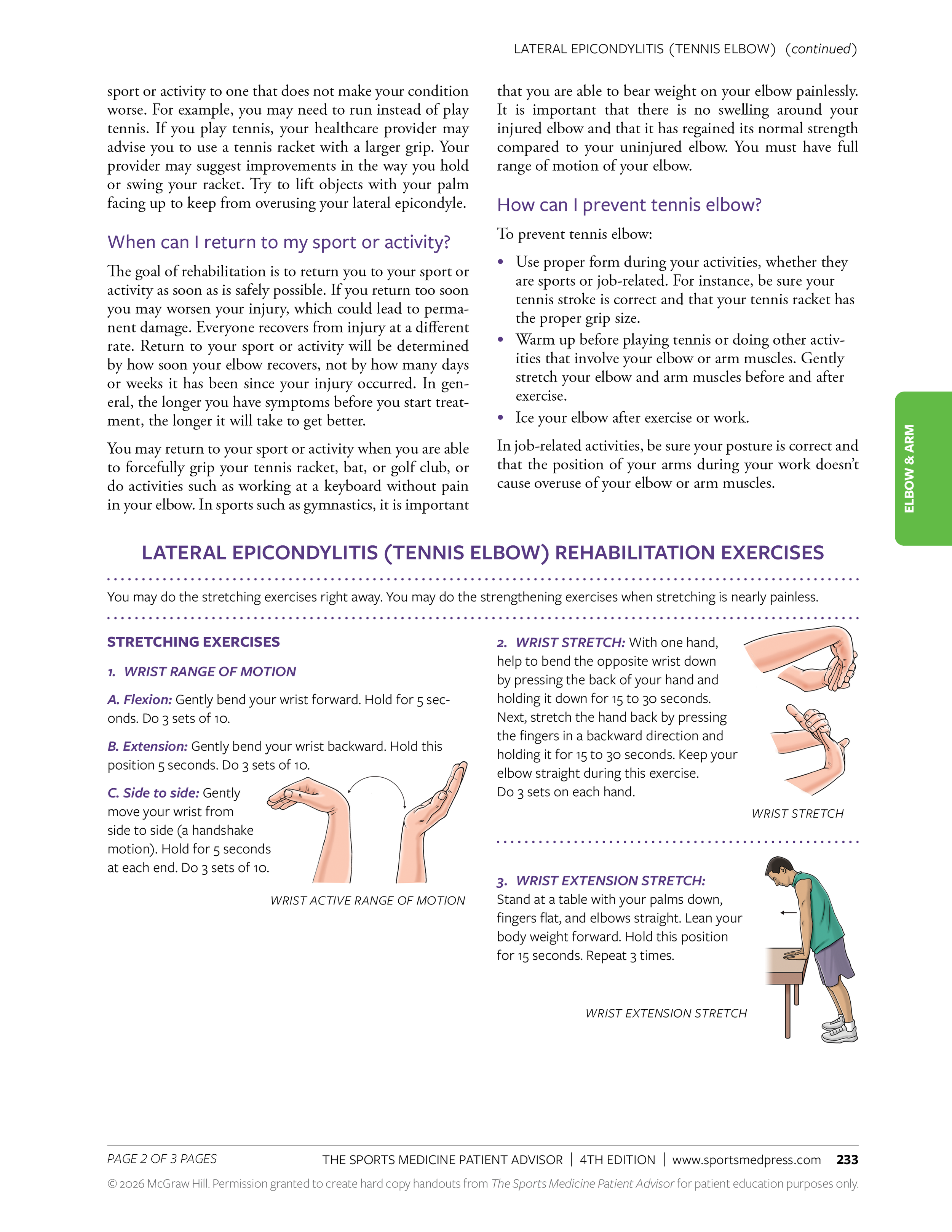 Illustration of a man performing a wrist extension stretch with a table, hands flat on the surface and elbows straight, demonstrating the exercise for tennis elbow rehabilitation.