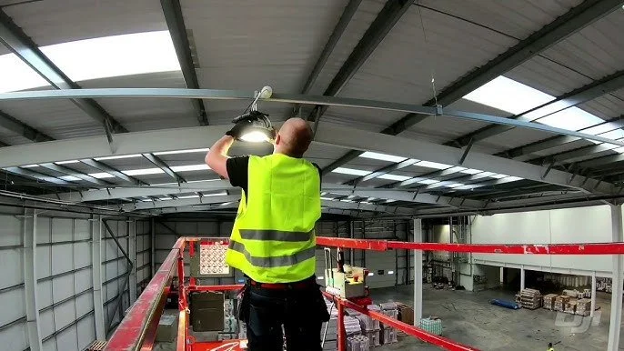 Worker in a yellow safety vest installing lighting on a warehouse ceiling.
