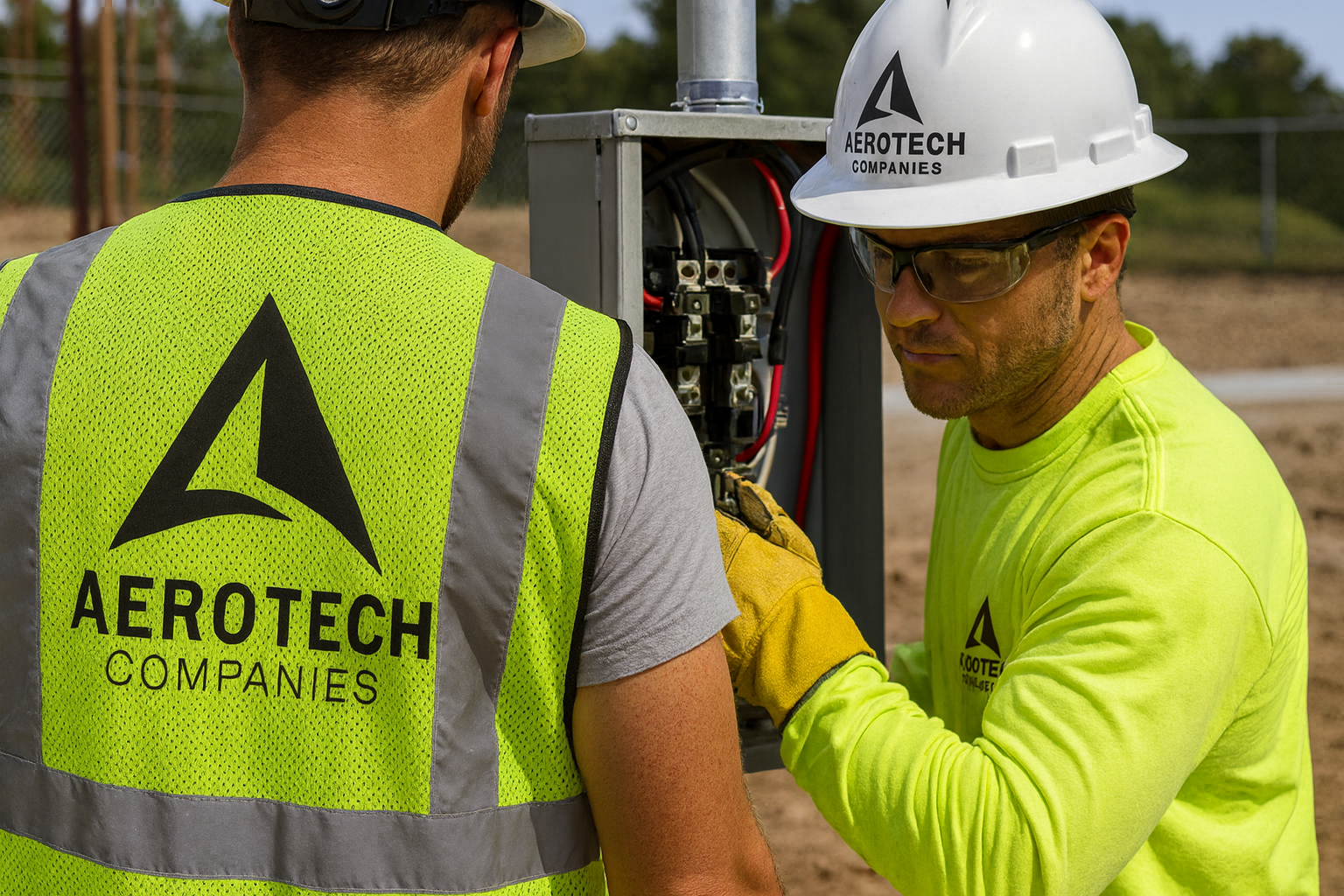 Two utility workers in high-visibility clothing and hard hats working on an electrical box outdoors.