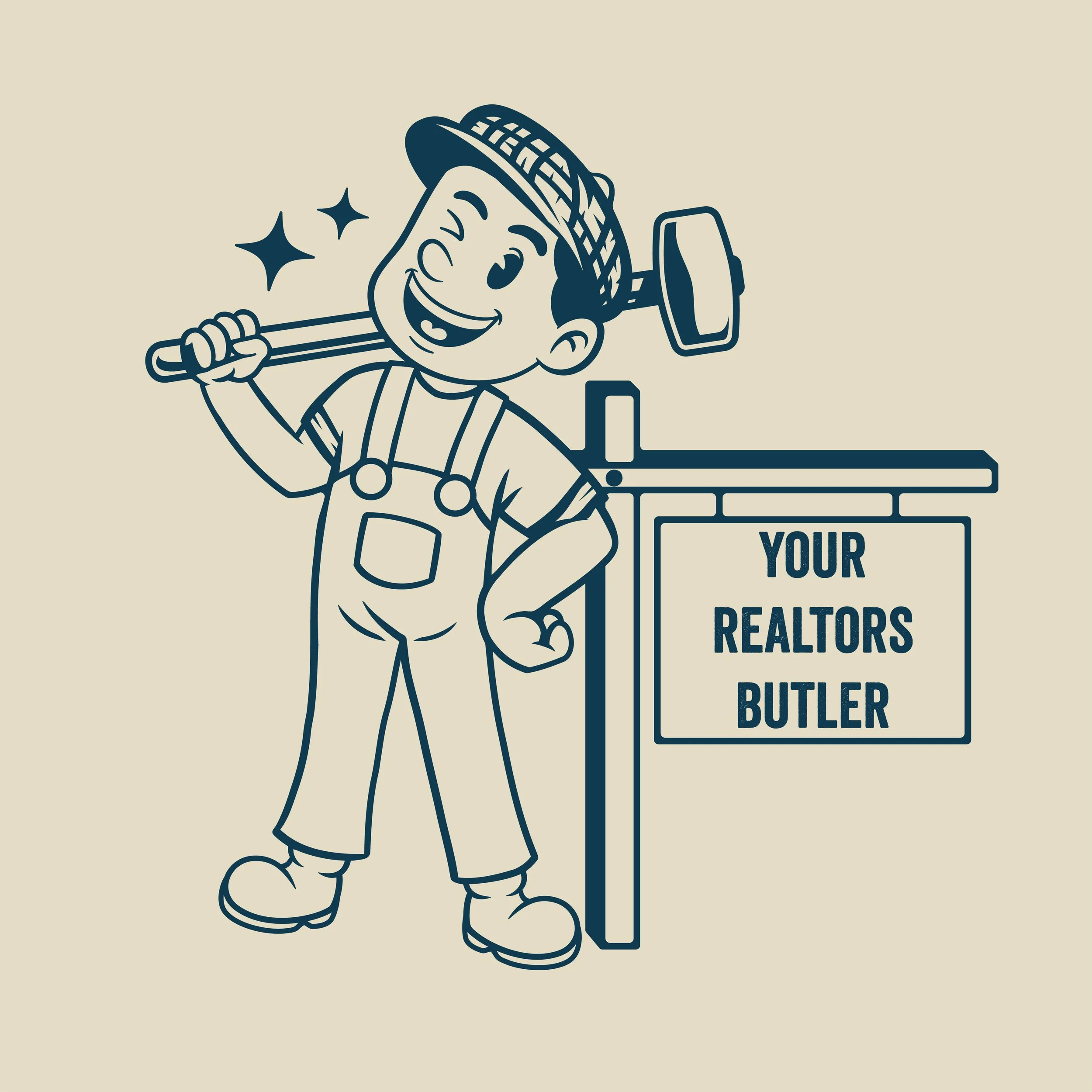 A cartoon of a smiling boy in overalls and a hat, holding a hammer over his shoulder, standing next to a sign that reads 'Your Realtors Butler'.