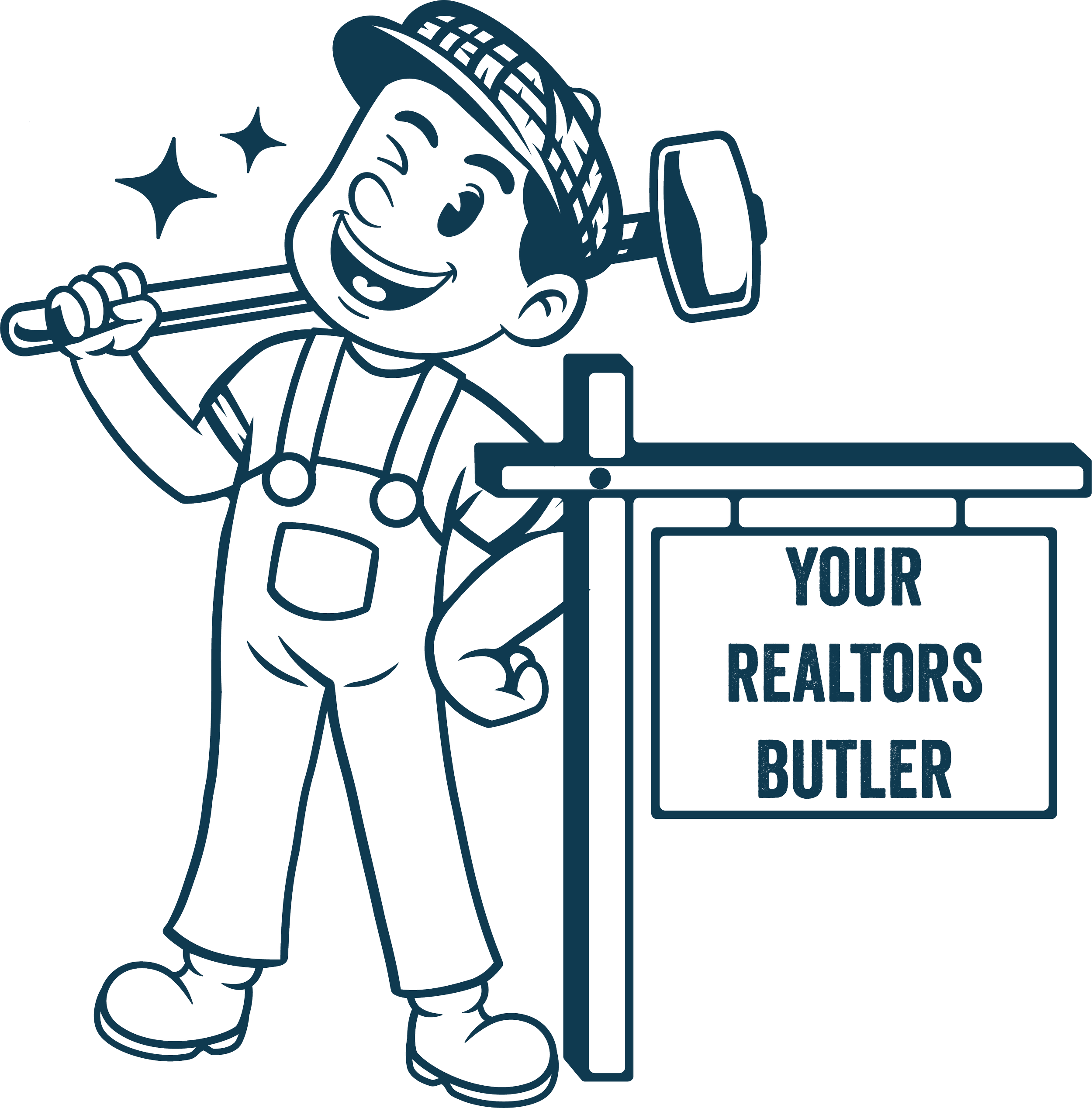 A cartoon illustration of a smiling man wearing overalls and a hat, holding a sledgehammer over his shoulder, standing next to a sign that reads 'Your Realtors Butler'.