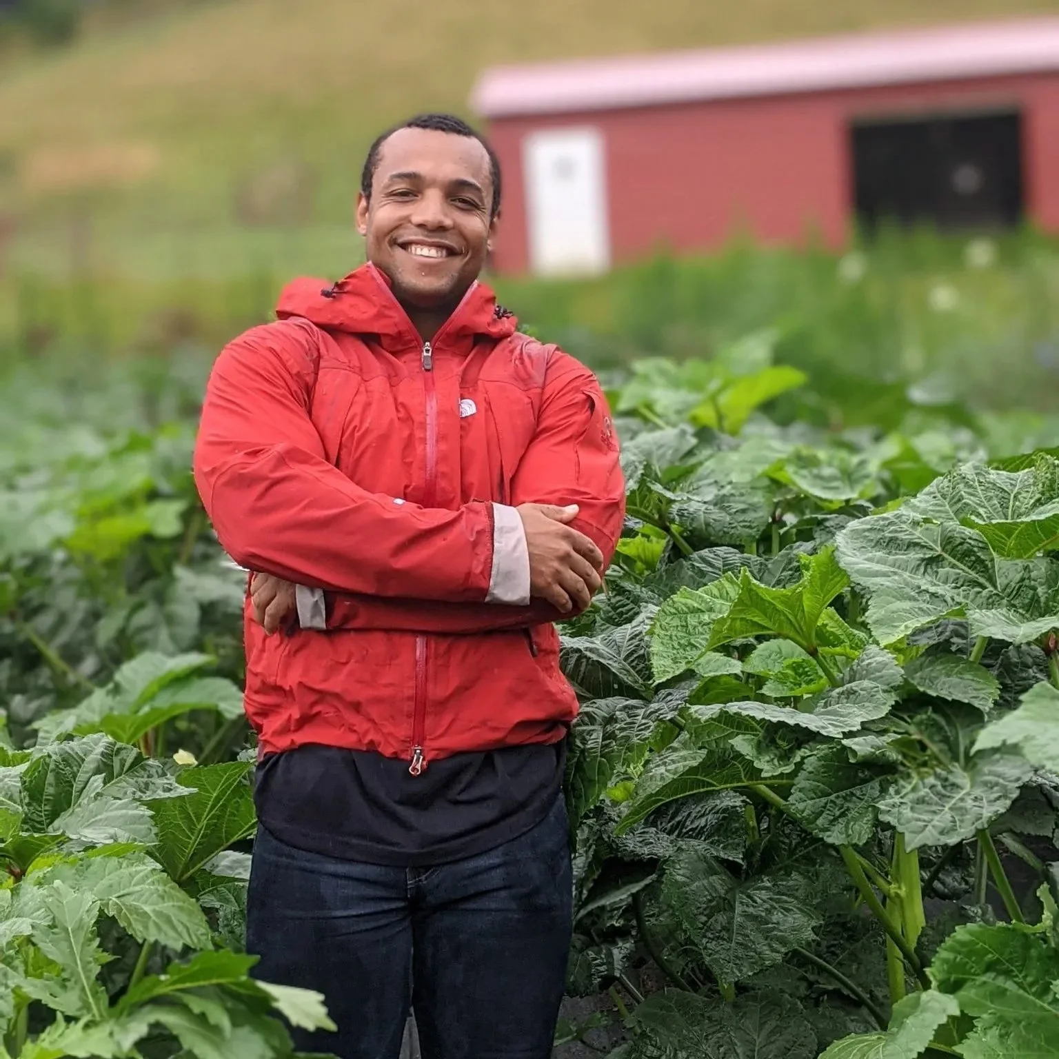 A man in a red jacket standing with arms crossed in a green garden or farm with large leafy plants.