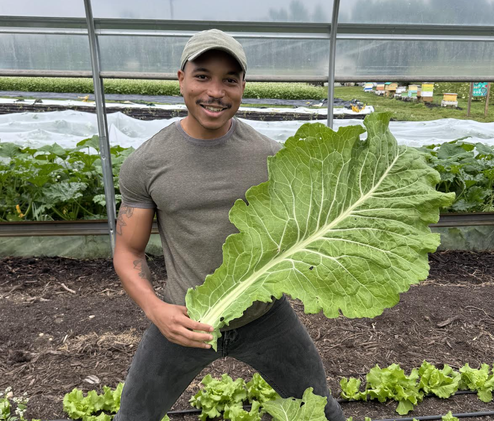 Chris Keeve with a collard leaf