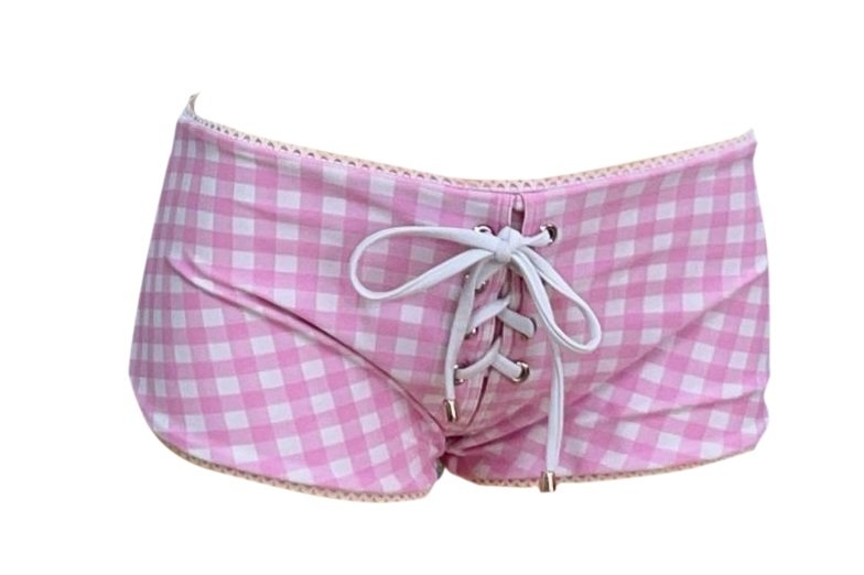 Sweet and sassy pink gingham bikini bottoms with flirty cheeky cut and lace detail by Meena Swims
