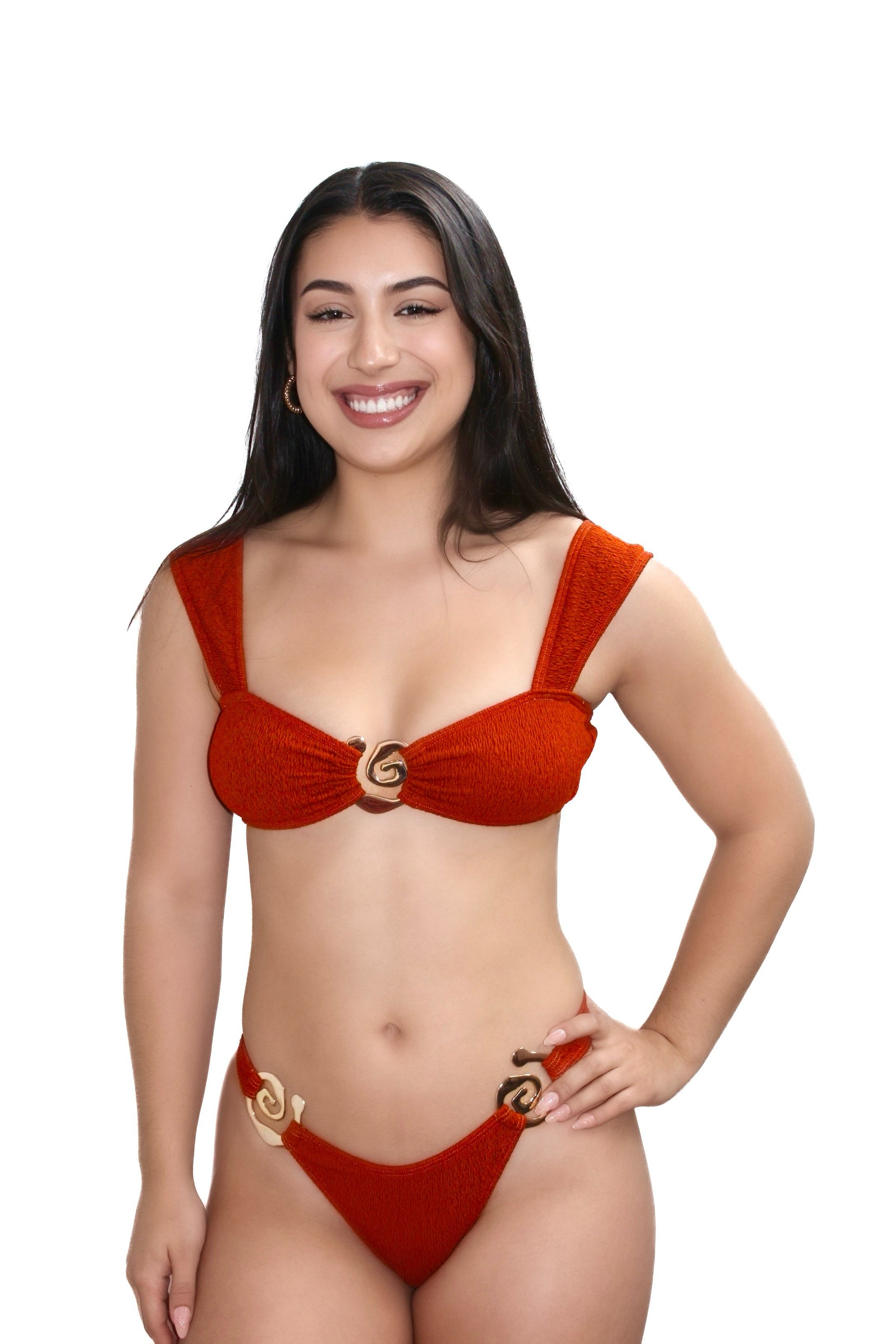 Front view of Meena Swims Golden Era Top in burnt orange with gold swirl detail and textured fabric