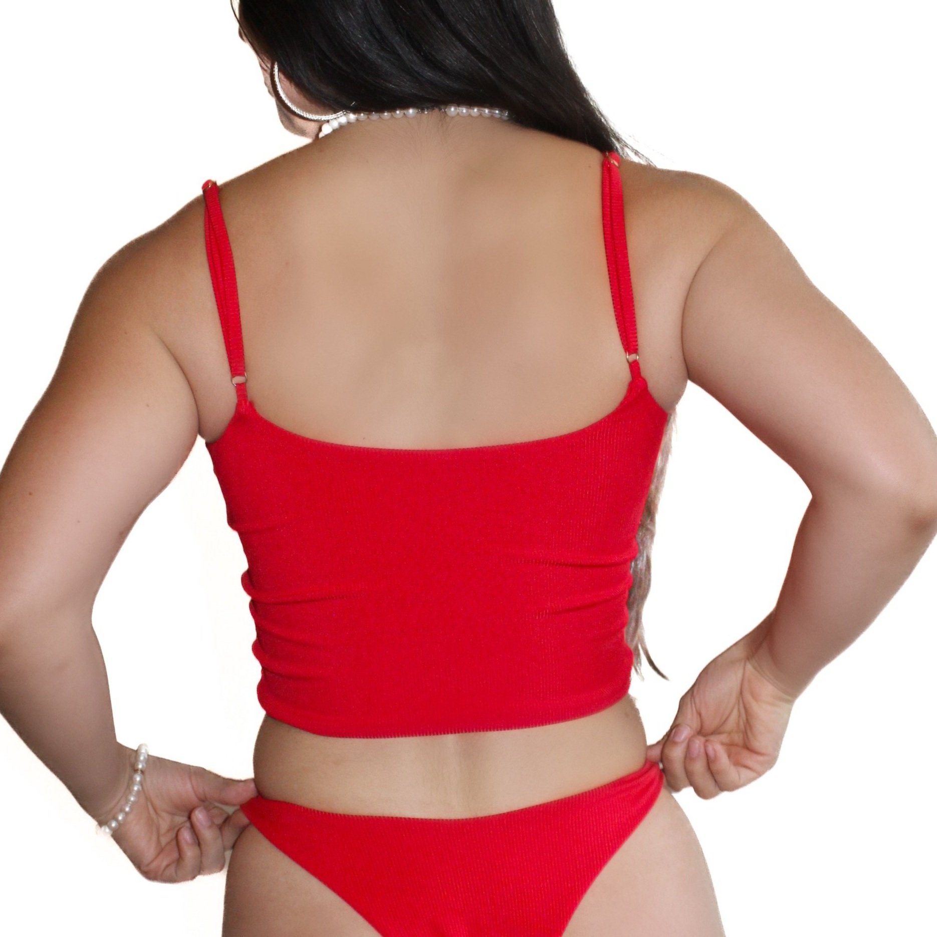 Back view of Cherry on Top tankini top, featuring playful bow-tied shoulder straps and retro cut