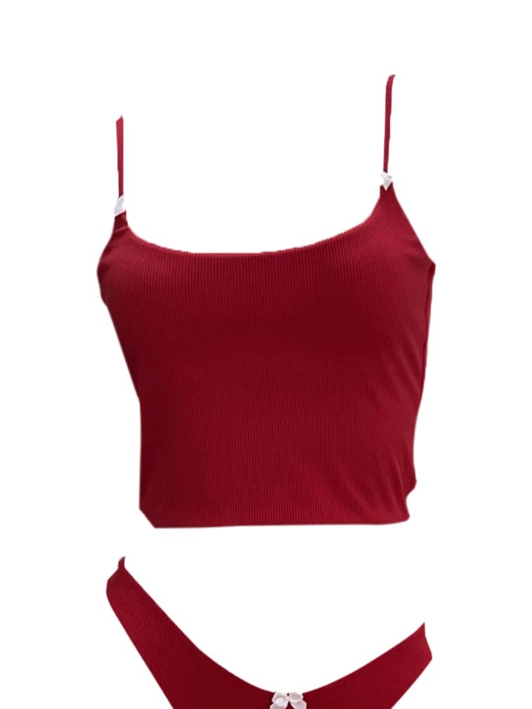 Meena Swims Cherry on Top tankini styled with cheeky bottoms, modern It Girl beachwear look
