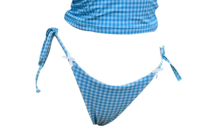Front view of Meena Swims' Blue Gingham Short Bottoms with vintage high-rise cut