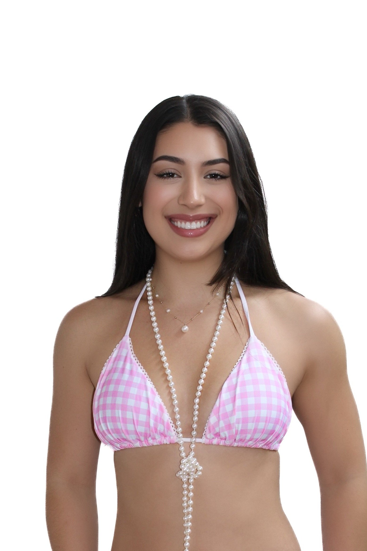 Close-up of lace trim and bow detail on pink gingham halter swim top by Meena Swims