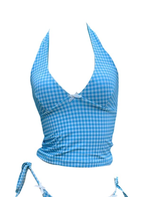 Playful blue gingham bikini top with halter tie and cropped cut from Meena Swims