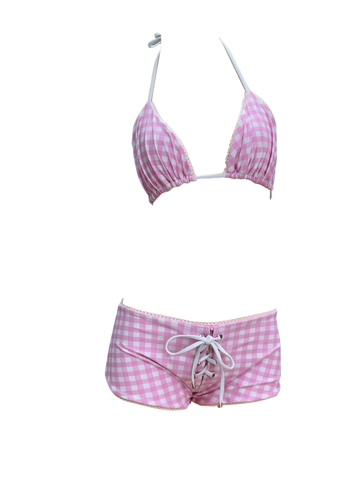 Sweet and sassy pink gingham bikini top with halter tie from Meena Swims