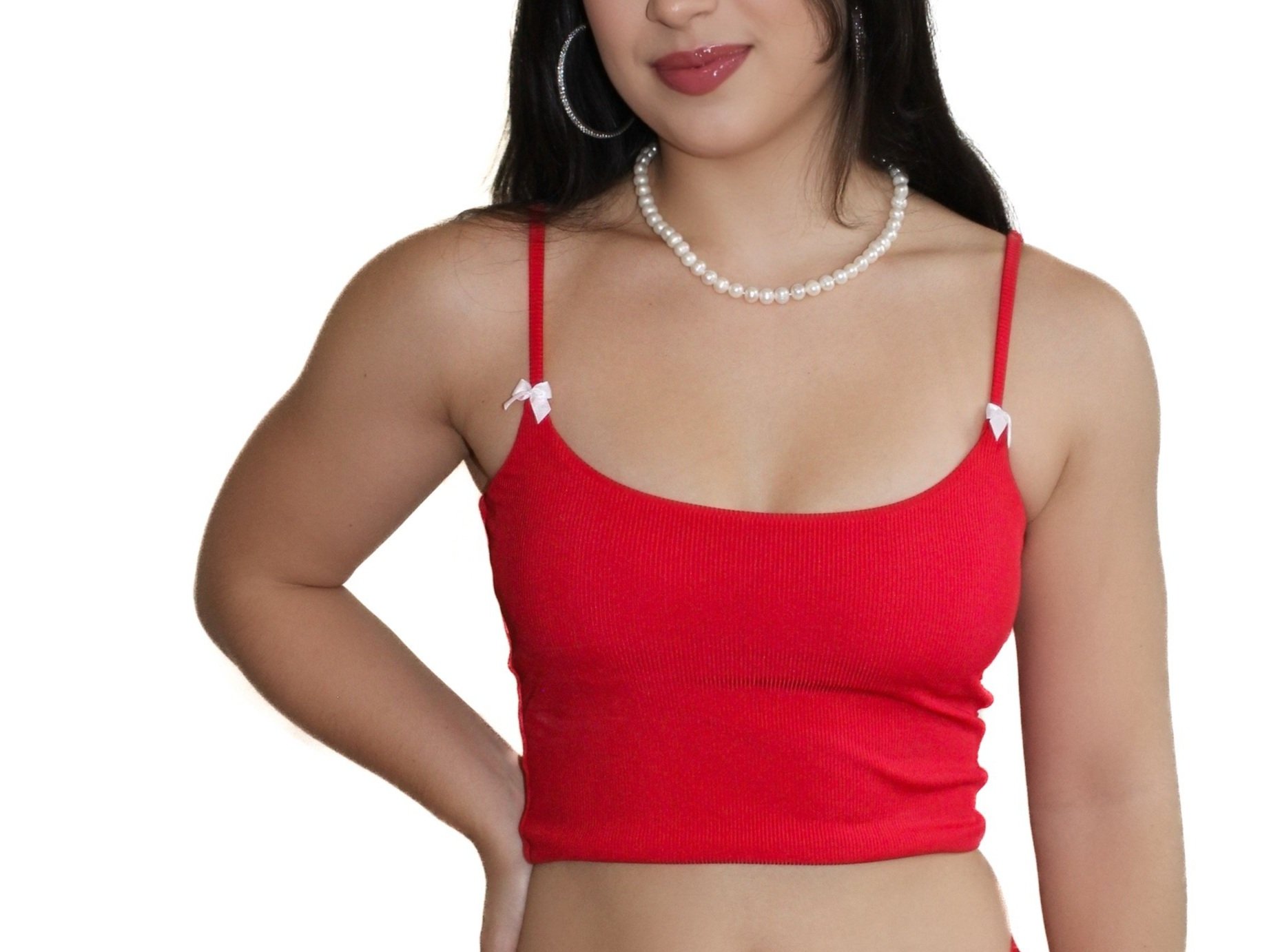 Close-up of red ribbed swim top with tied straps and cropped fit, Meena Swims Cherry on Top