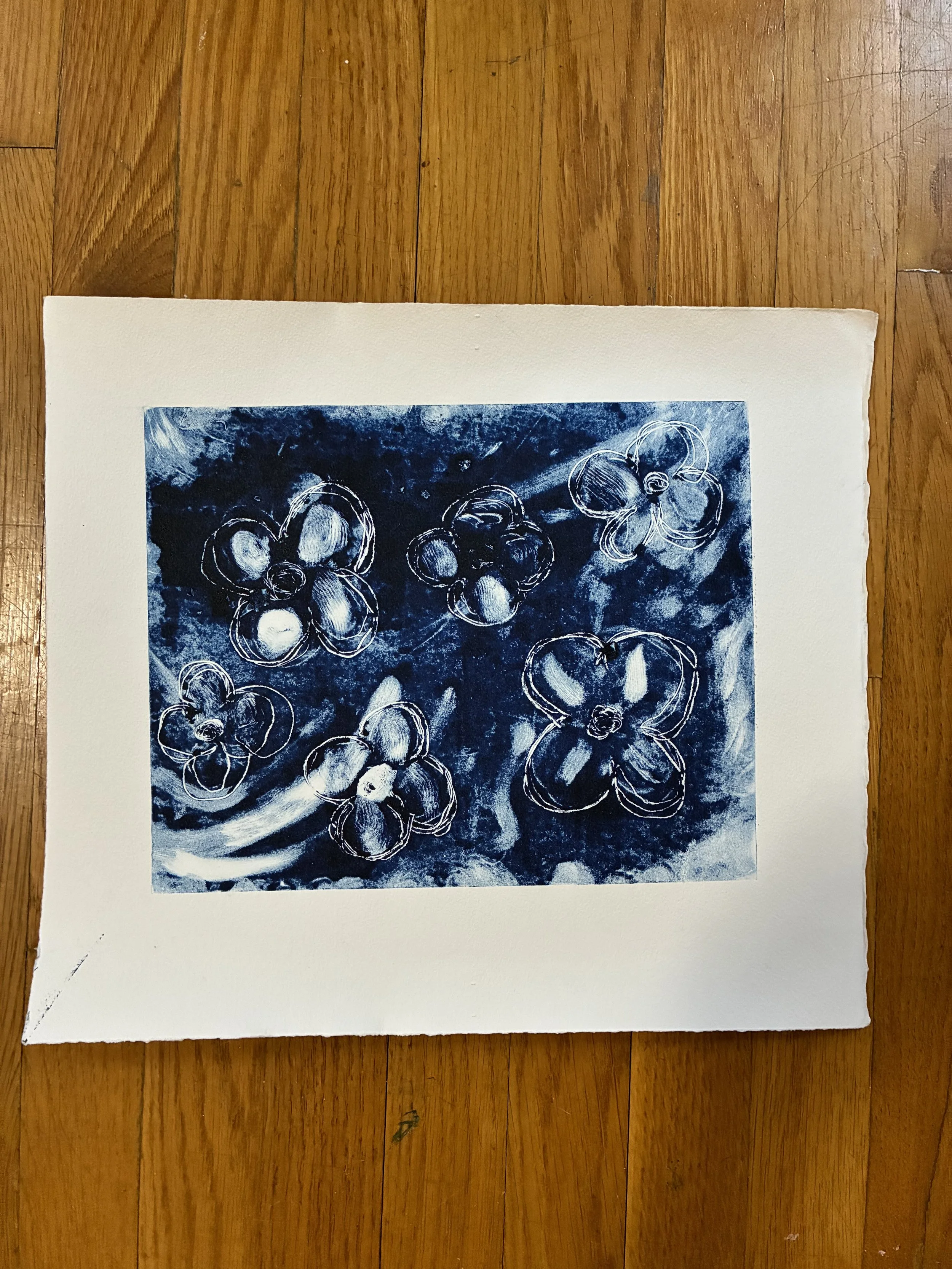 Monoprint floral pattern with modernist designs