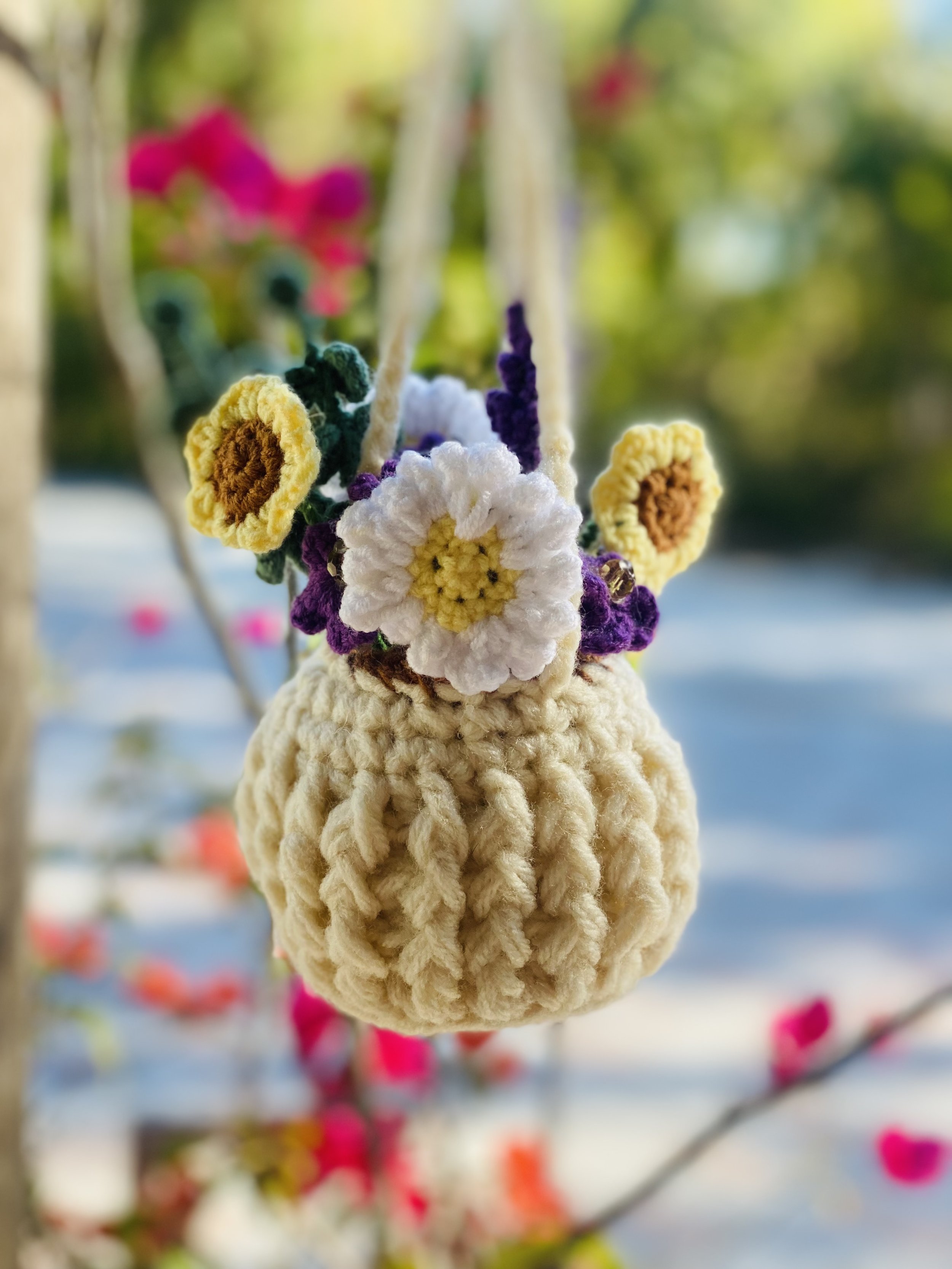 Crochet Hanging Plant with Mixed Flowers