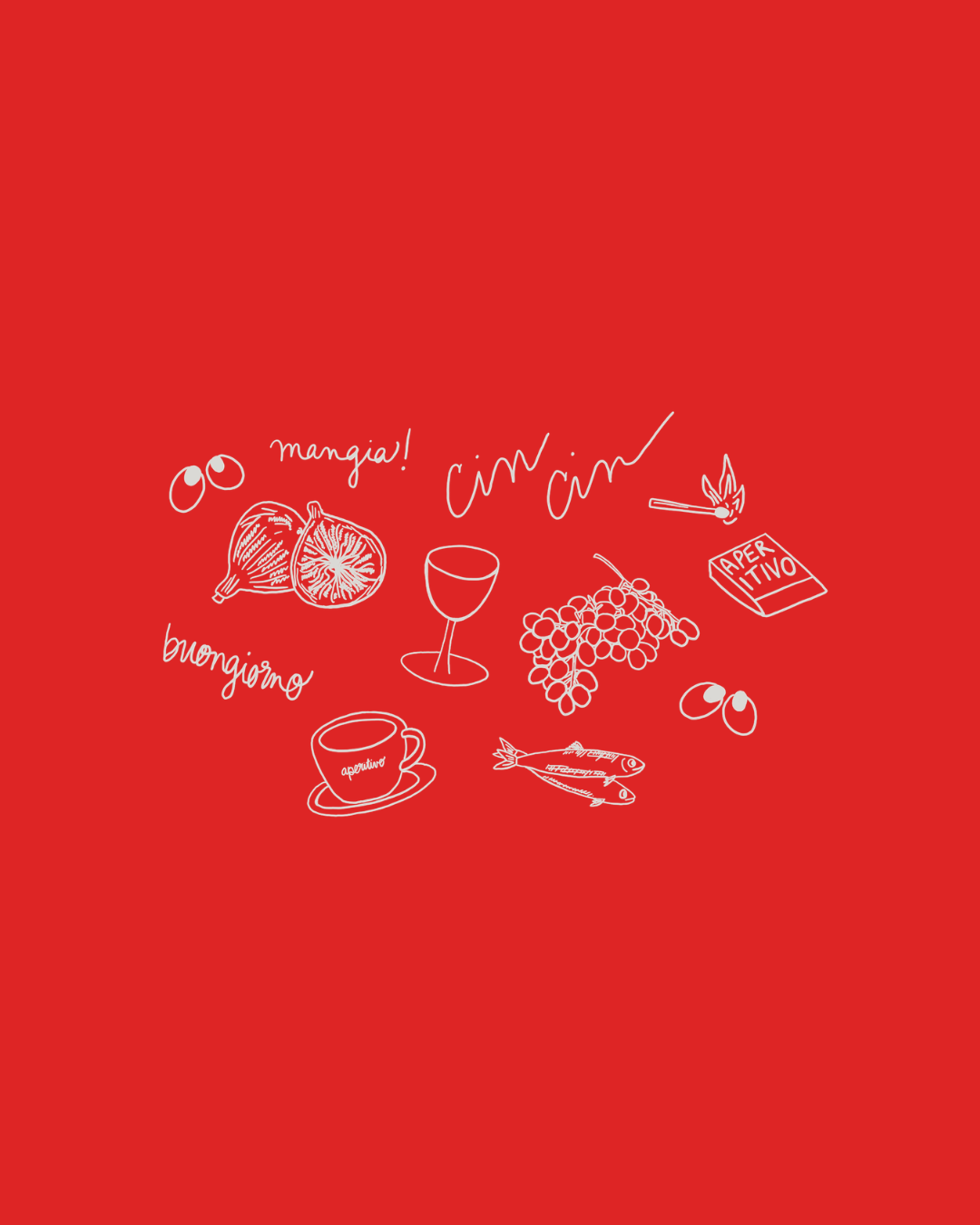 White line drawings of a fig, wine glass, grapes, book, tobacco, coffee cup, fish, two eggs on red background with Italian words: "mangia!", "cin cin", "buongiorno", and "aperitivo".