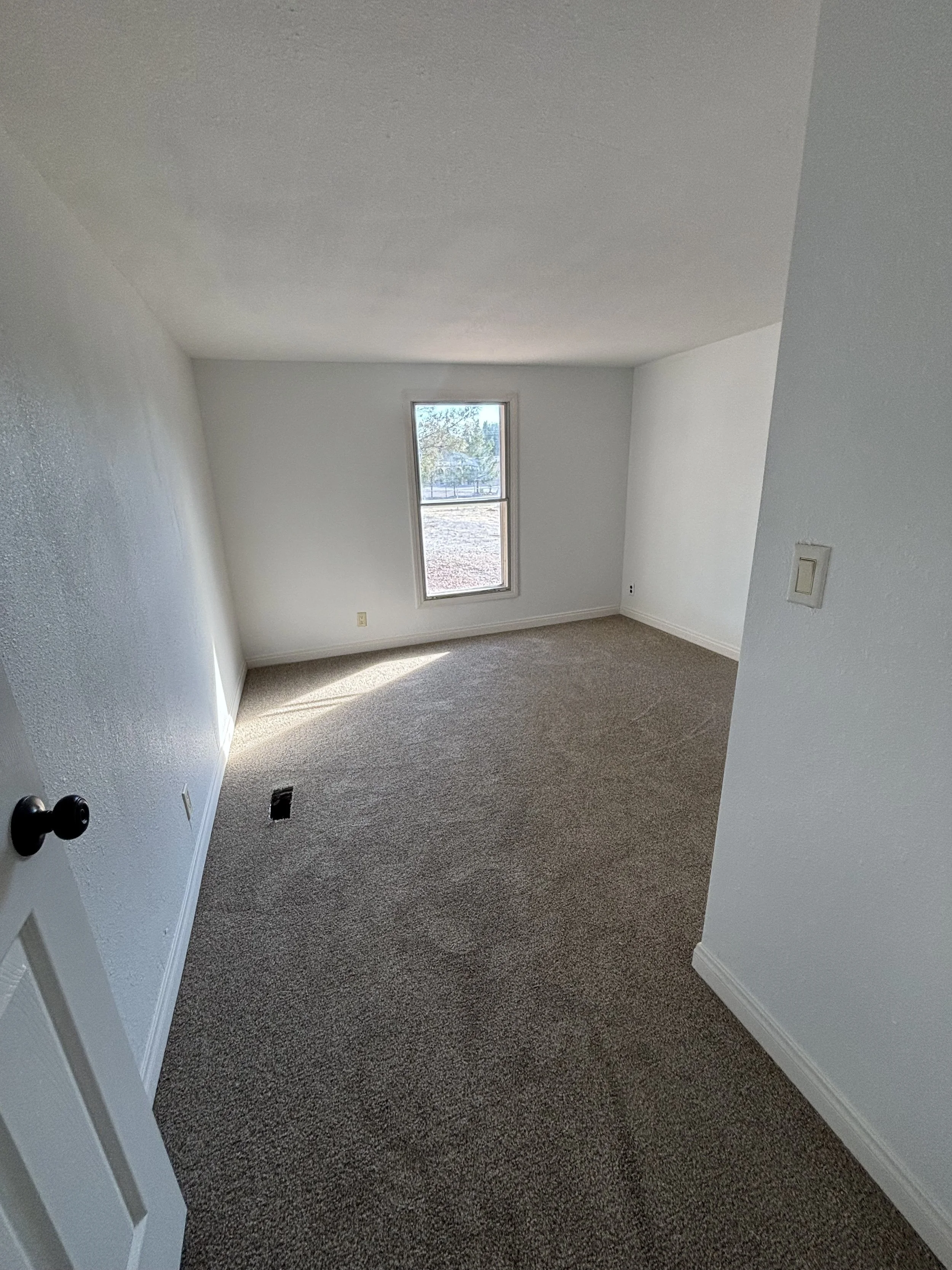 Empty room with white walls and carpet, featuring a single window and a closed white door.