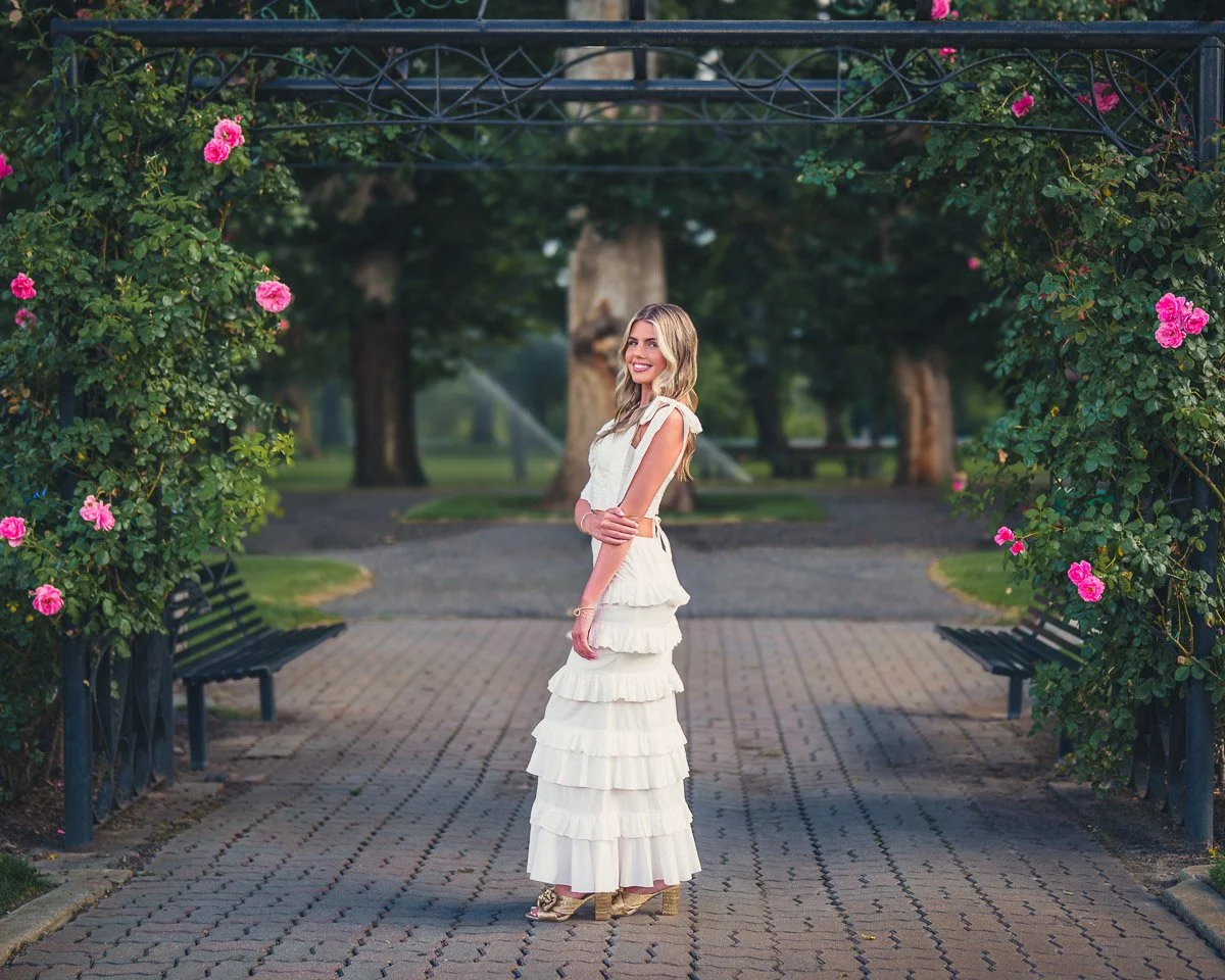 Senior session at the Rose Garden in Julia Davis Park, Boise. Overcast skies, soft light, and classic styling created a clean, editorial look in one of Boise’s most iconic locations.