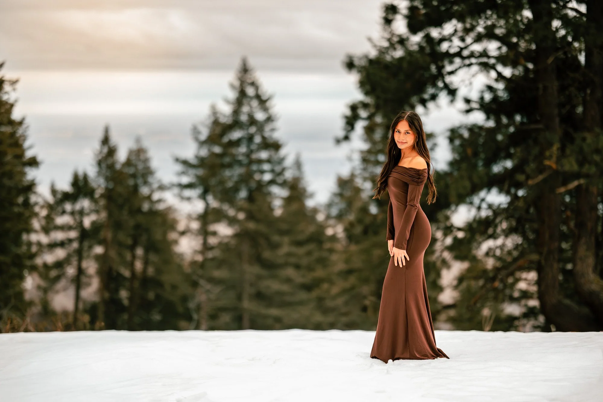 Senior session and the Boise Mountains with snow. Eagle high school student wearing a brown dress with a beautiful backdrop of the pine trees.