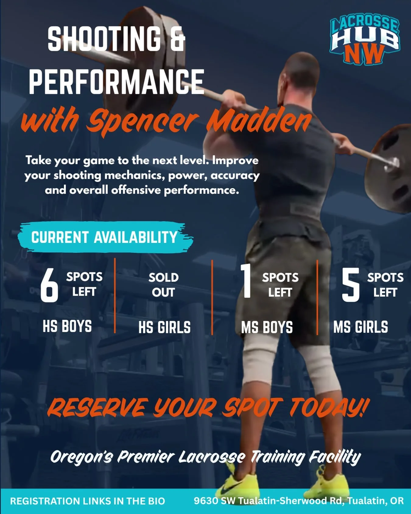 Spencer&rsquo;s Shooting &amp; Performance Training is Filling FAST! 

Take your game to the next level with Spencer&rsquo;s Shooting &amp; Performance Training at Lacrosse Hub NW!

Led by Spencer, owner of Blueprint Performance and a Team Oregon Coa