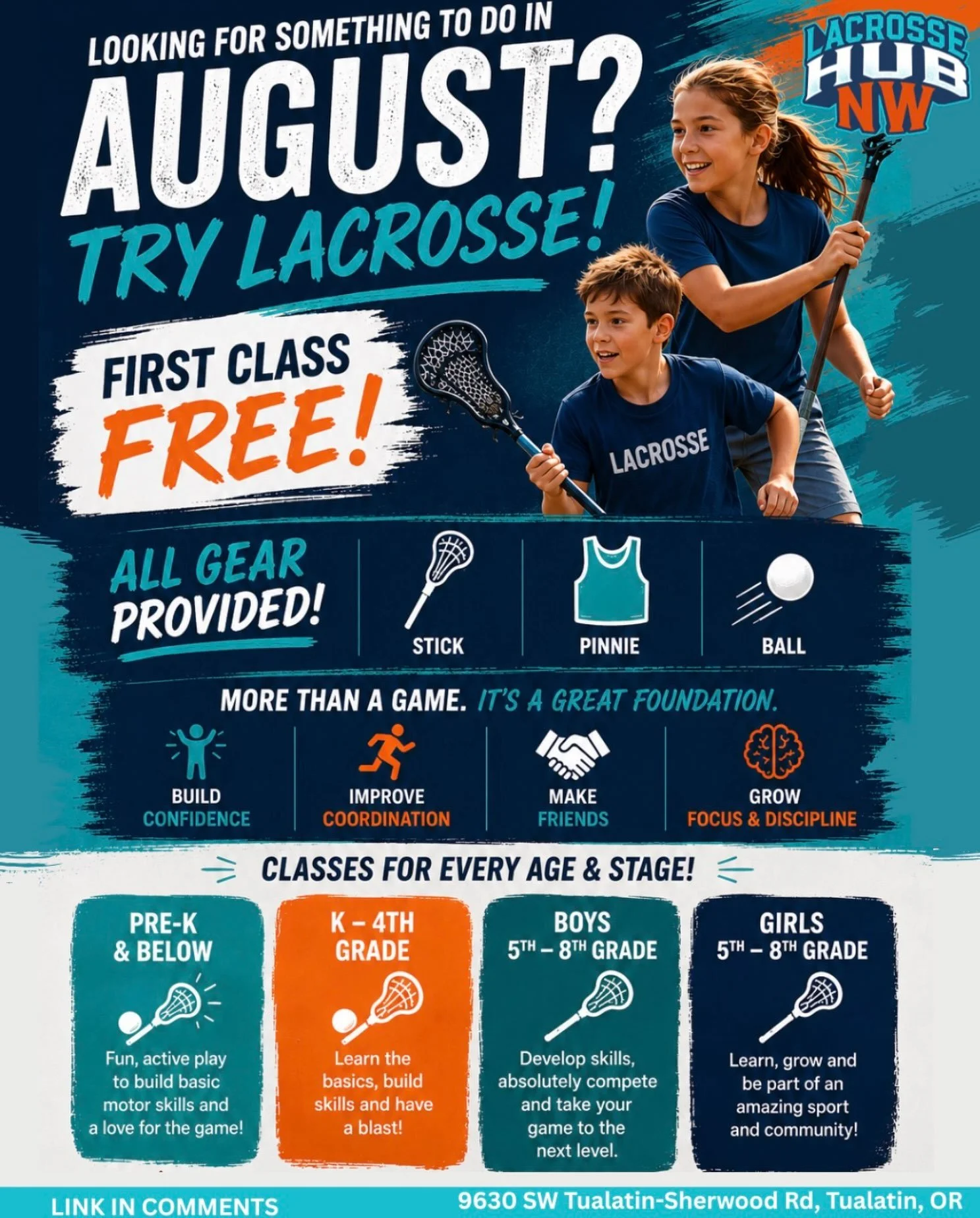 Looking for something fun to do this August? Come try a beginner lacrosse class!

Whether your athlete is picking up a stick for the very first time or looking to continue developing their skills, Lacrosse Hub has a class for every age and stage!

Yo