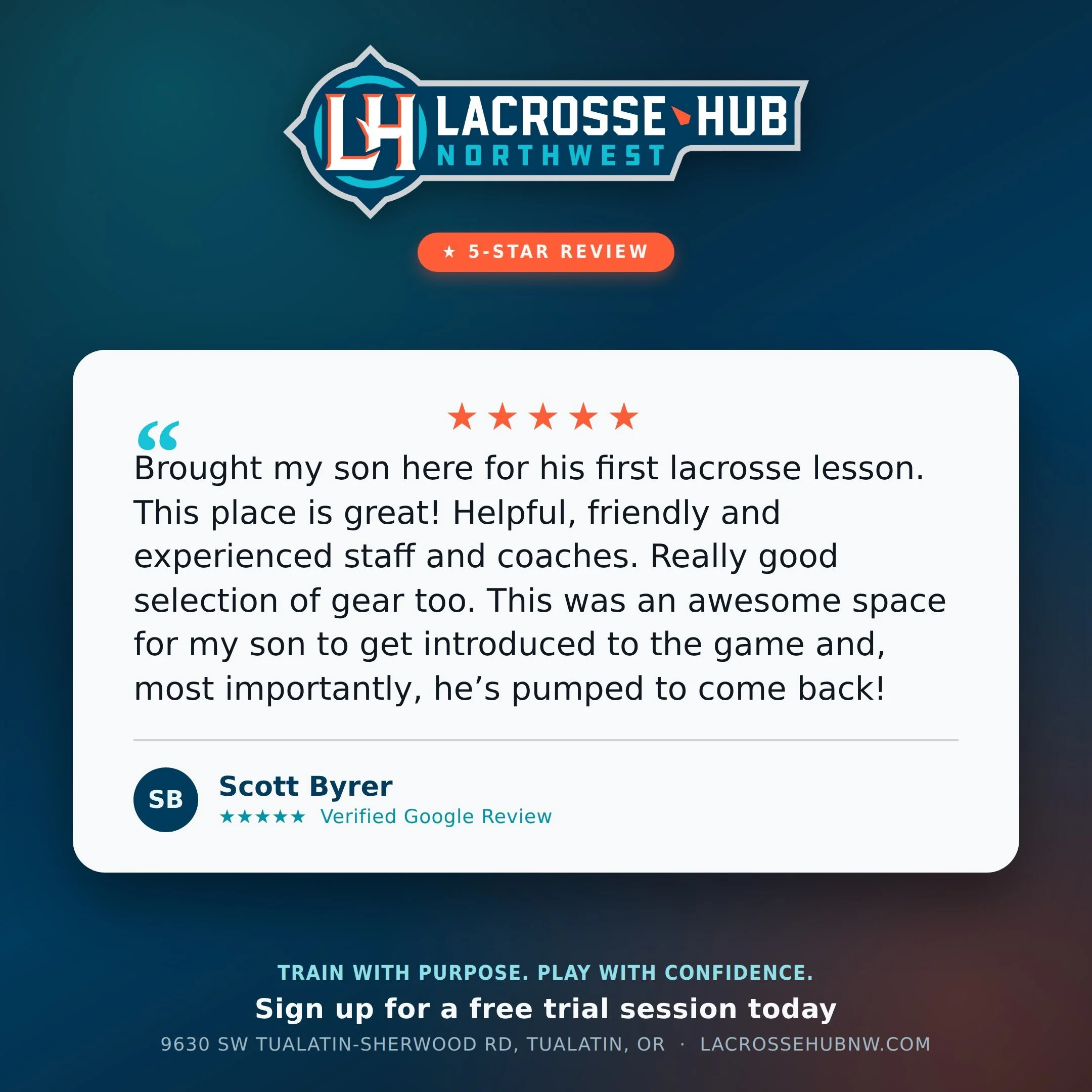 5-STAR REVIEW! 
We love hearing from families who have experienced what makes Lacrosse Hub NW special. From a first-ever lacrosse lesson to becoming excited to come back, our goal is to make every player&rsquo;s experience positive, welcoming, and fu