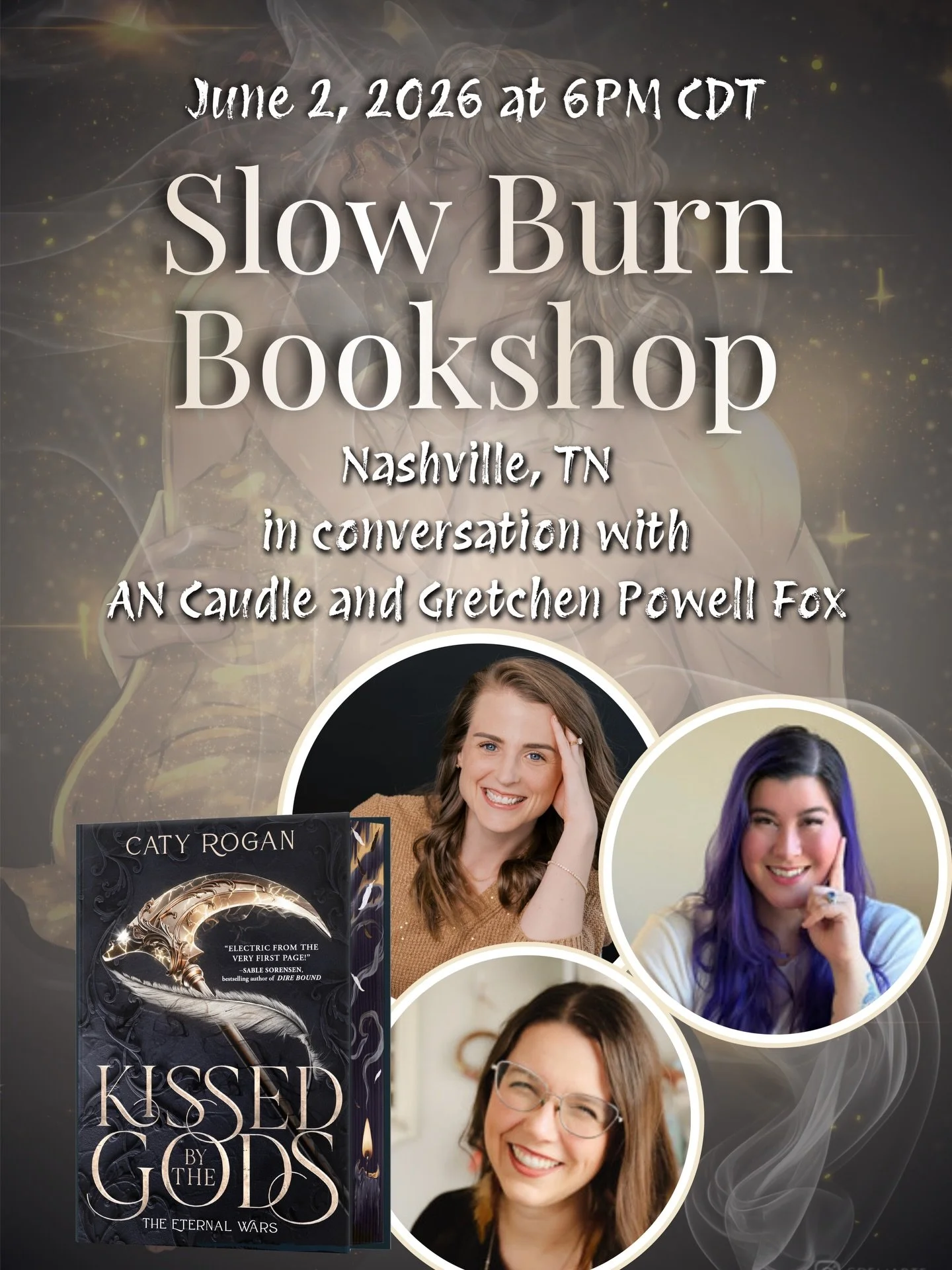 I&rsquo;m so excited to officially reveal that my conversation partners in Nashville will be @ancaudleauthor and @gretchenwritesbooks 😍

To celebrate release day of Kissed by the Gods on June 2, we&rsquo;ll be partying at @slowburntn and chatting al