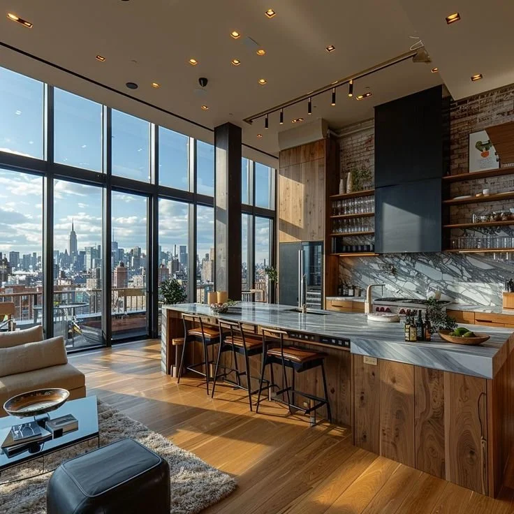 Modern urban apartment kitchen with large glass windows overlooking city skyline, featuring a marble island, wooden accents, and open shelving.