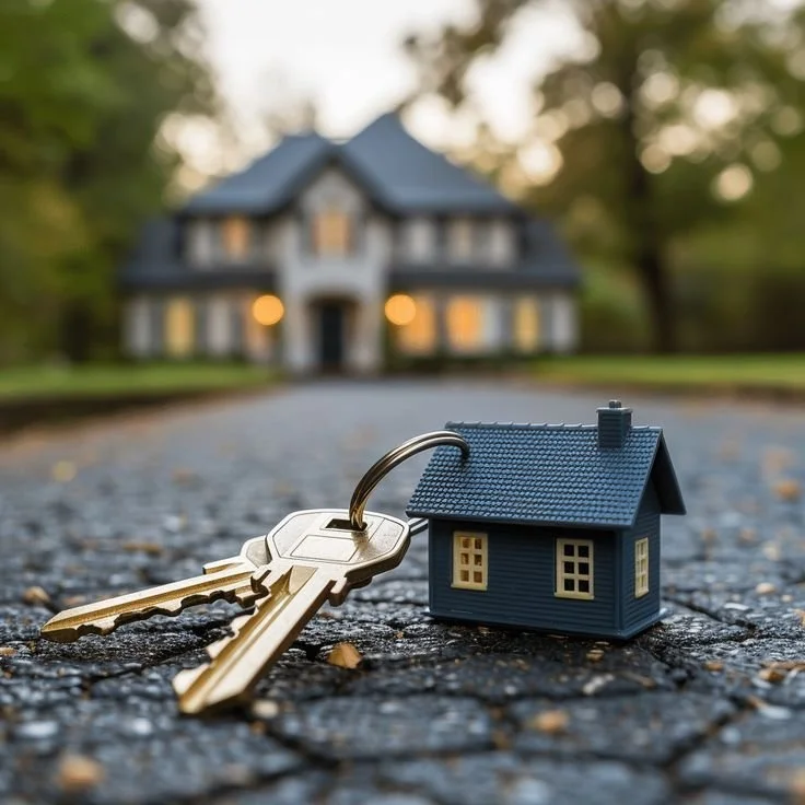 Keys attached to a house-shaped keychain on a driveway with a large house in the background.