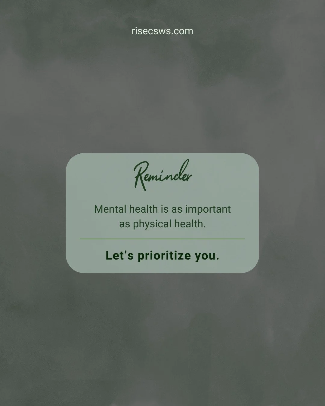 Taking care of your mental health is just as important as your physical health. Let us help you prioritize you.

www.risecsws.com