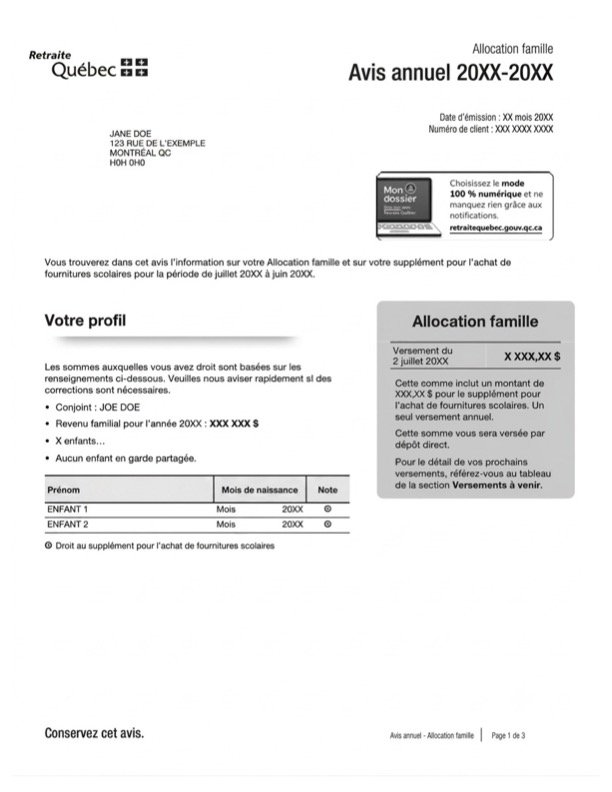 Avis annuel Allocation familiale Retraite Québec
