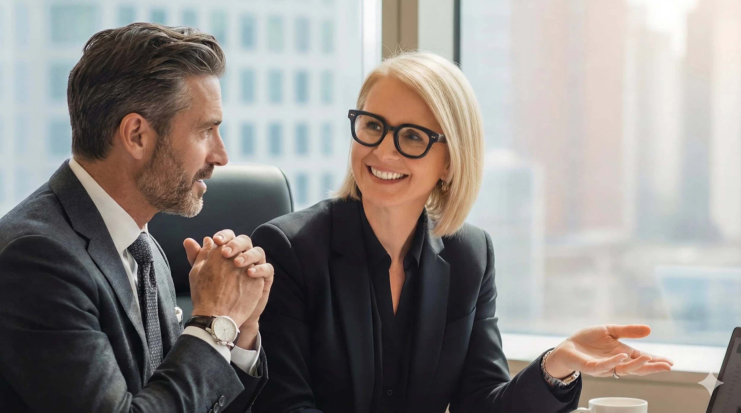 Consultation professionnelle entre deux experts en gestion privée, illustrant l'analyse stratégique et confidentielle chez Turcotte Hypothèque