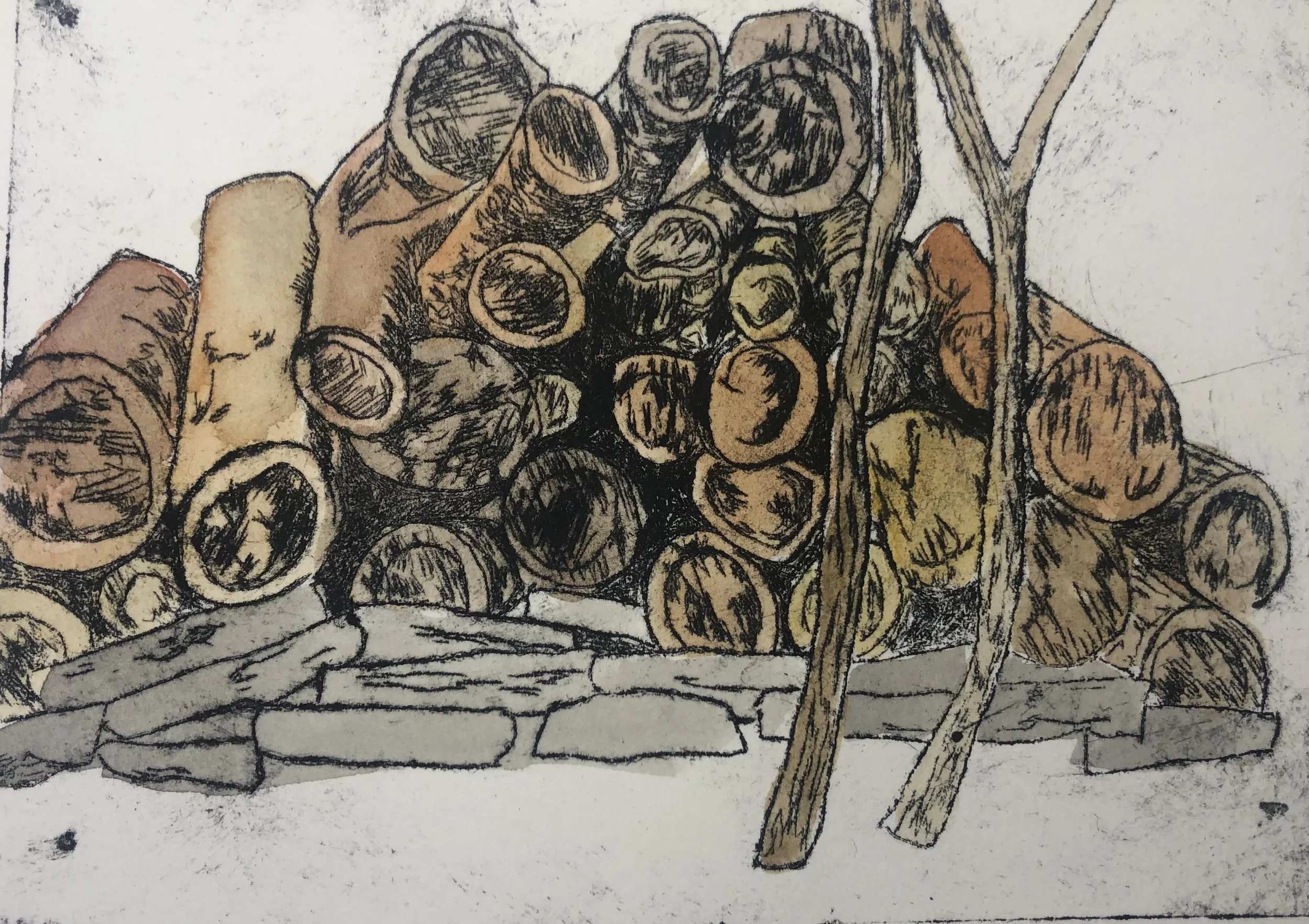 Log Pile - Drypoint Print with paint on paper