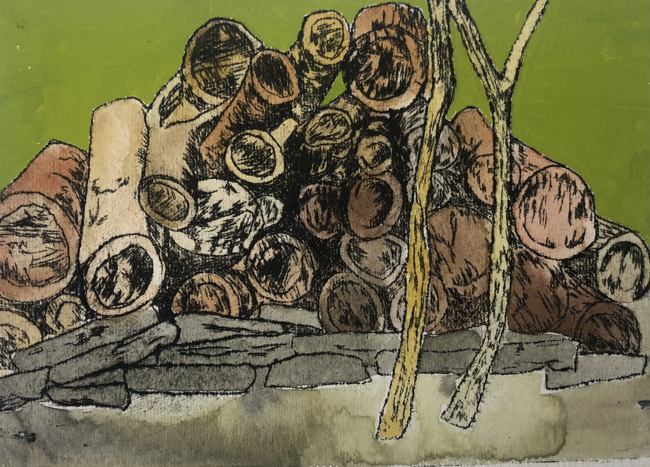 Log Pile - Drypoint Print with paint on paper
