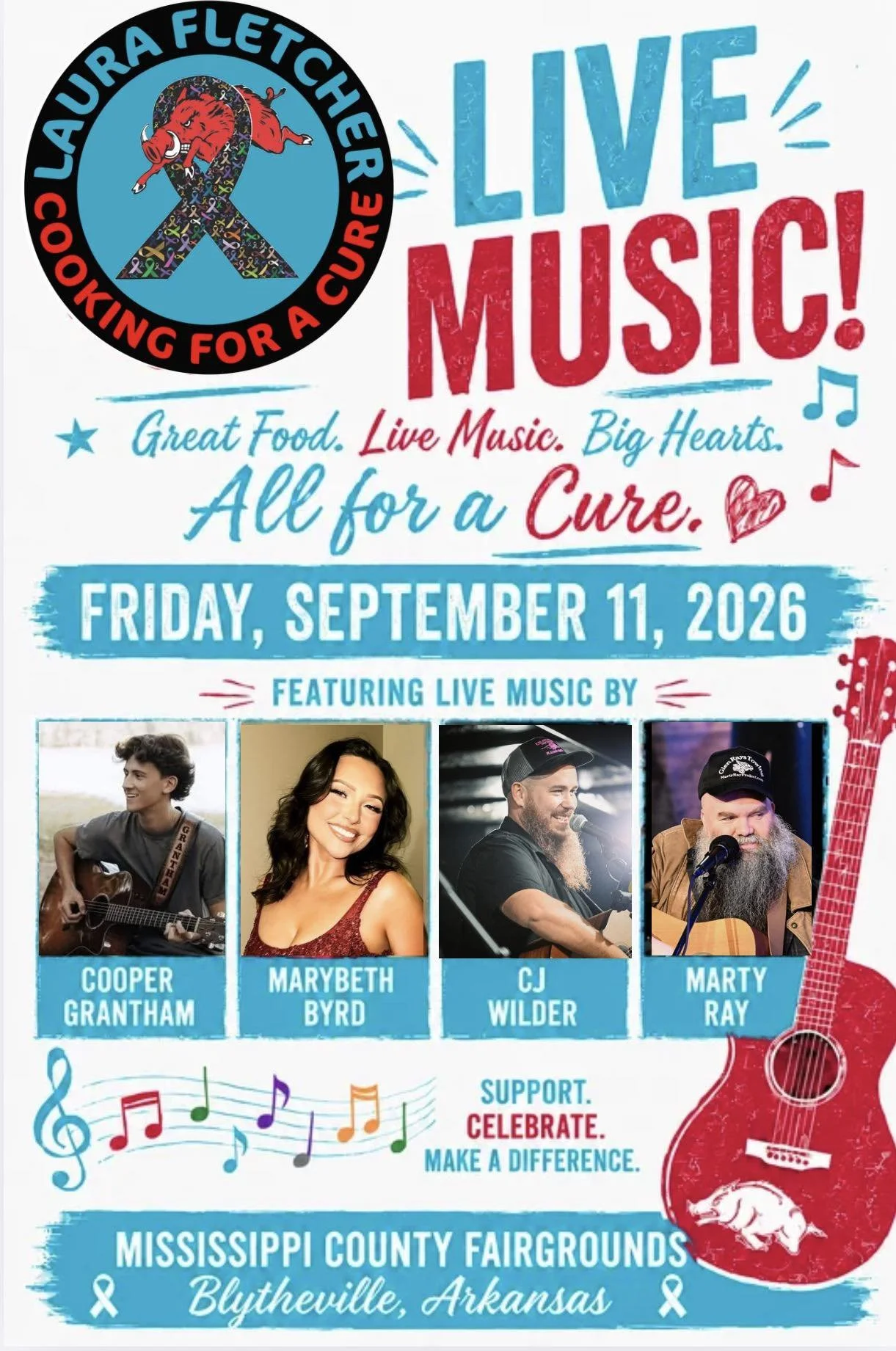 A colorful poster for a live music event supporting a cure for cancer, featuring photos of four performers: Cooper Grantham, Marybeth Byrd, CJ Wilder, and Marty Ray, scheduled for September 11, 2026, at Mississippi County Fairgrounds, Blytheville, Arkansas.