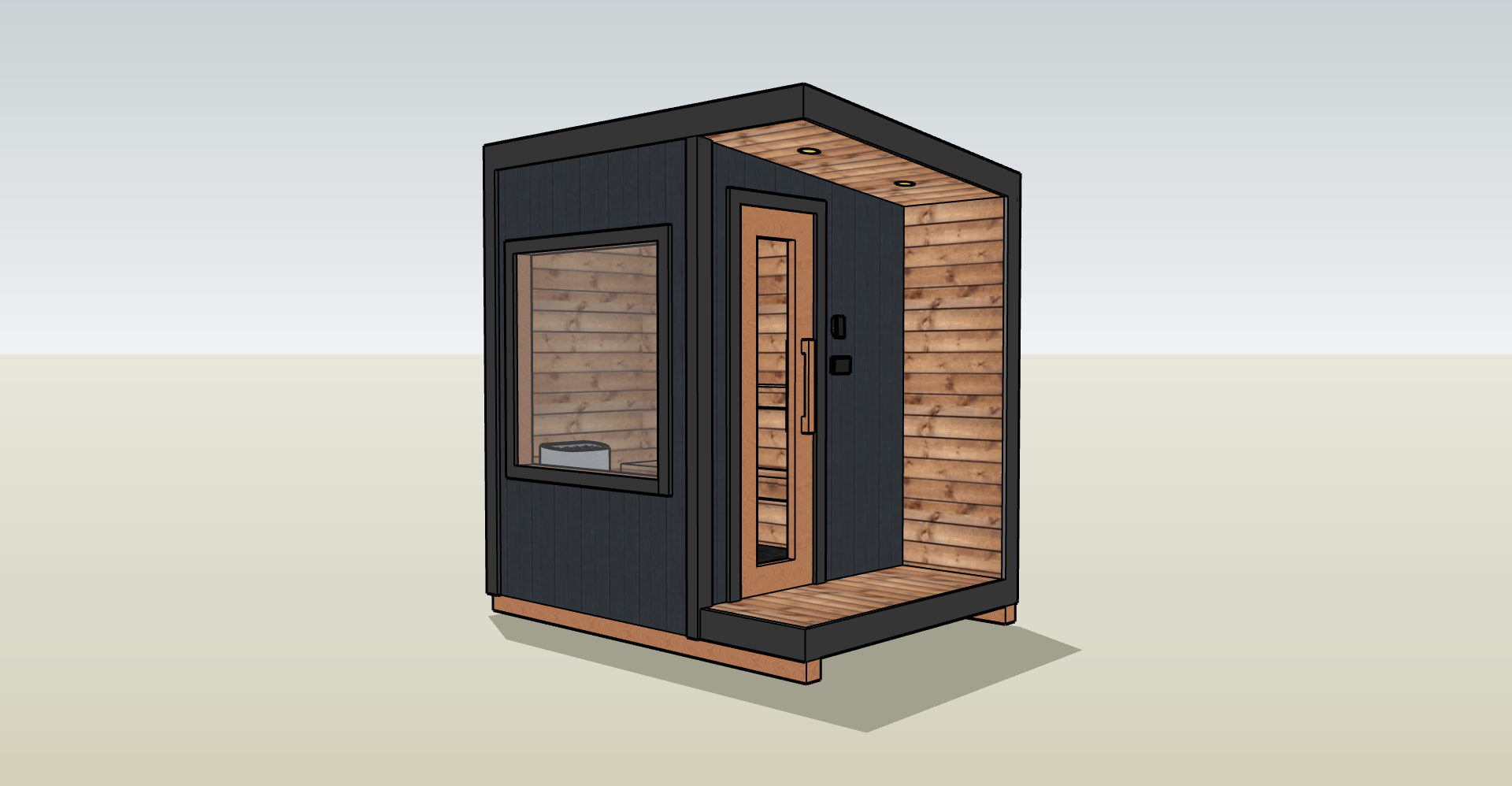 A modern tiny house with black exterior walls, a wooden front door with vertical glass panel and large window, and a small deck area with wood flooring.