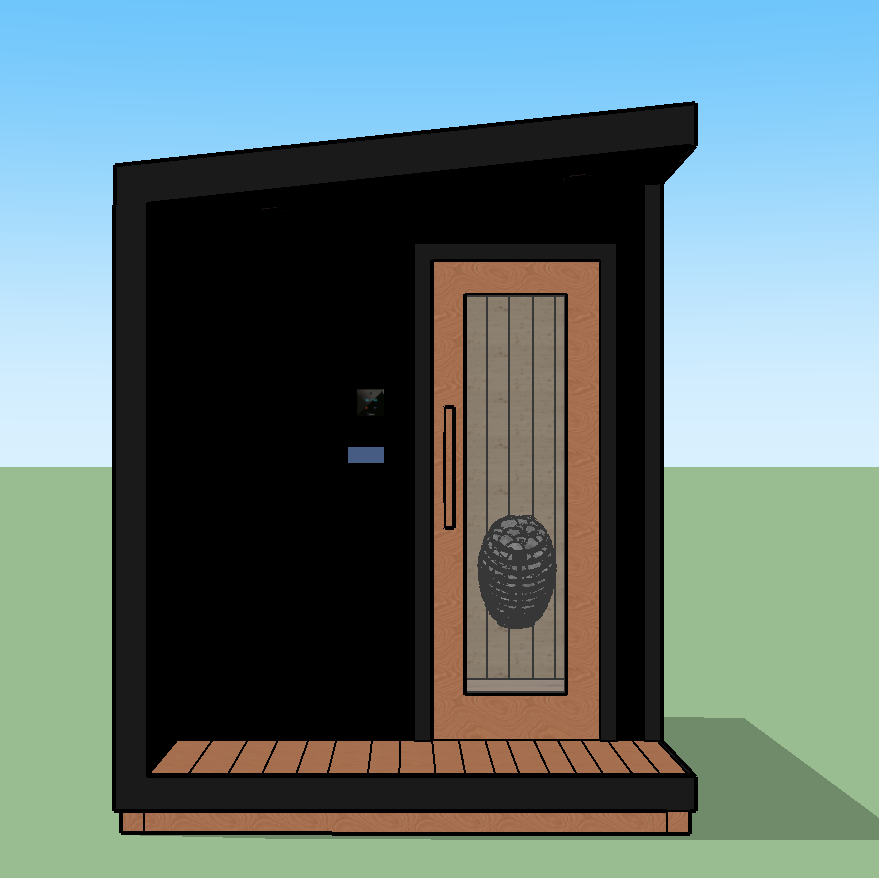 Front view of a modern tiny house with black exterior walls, a wooden door with vertical glass panels, and a lantern design on the door. The house has a small wooden porch and is set against a clear sky background.