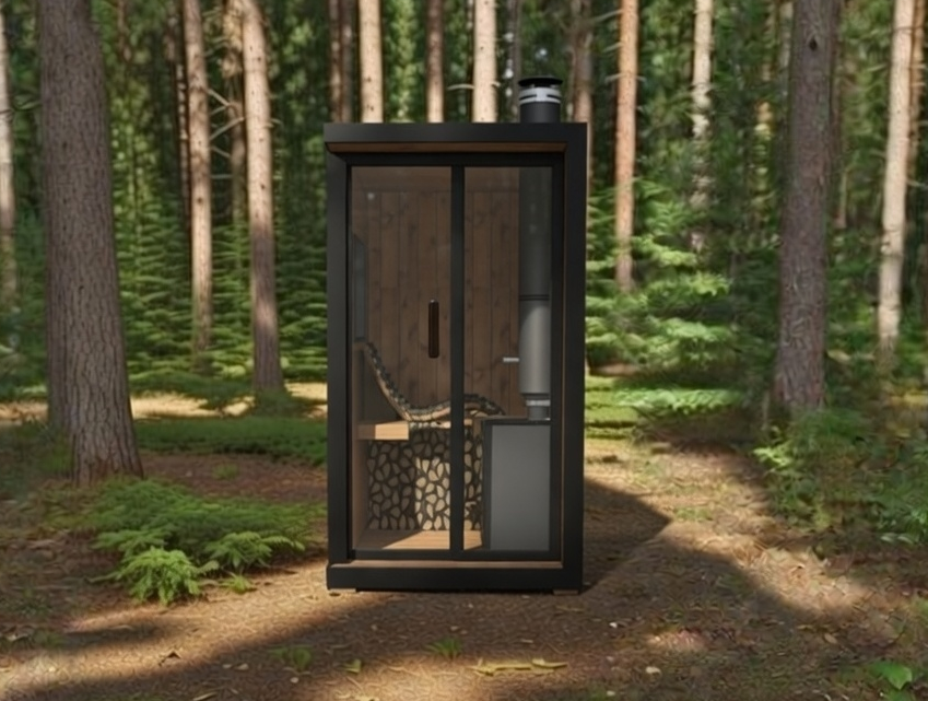 Small outdoor sauna cabin with wooden interior and black exterior, glass door, and a wooden lounge chair inside.