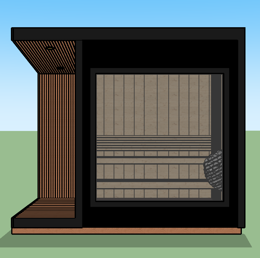 A modern outdoor sauna with black framing, wooden interior, and a glass front door, set on a grassy area under a blue sky.