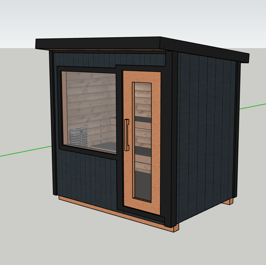 A small modern outdoor sauna with black vertical siding, a glass door with a wooden frame, and a large window, set on a gray ground.