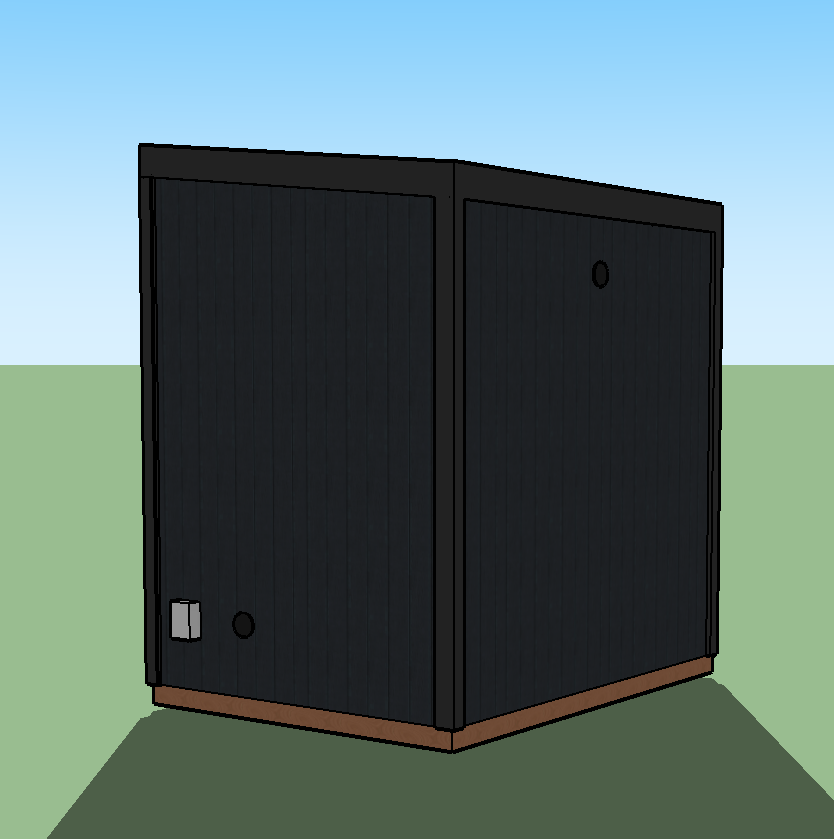 A 3D rendering of a black storage shed with vertical siding on a grassy area under a blue sky.